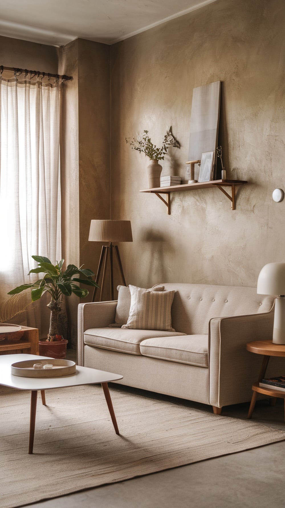 A minimalist living room featuring textured greige walls, a beige sofa, a wooden shelf, and a potted plant.
