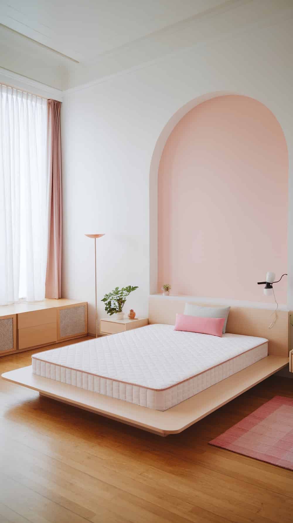 A minimalist bedroom with large windows, soft pink accents, and wooden flooring, emphasizing natural light.