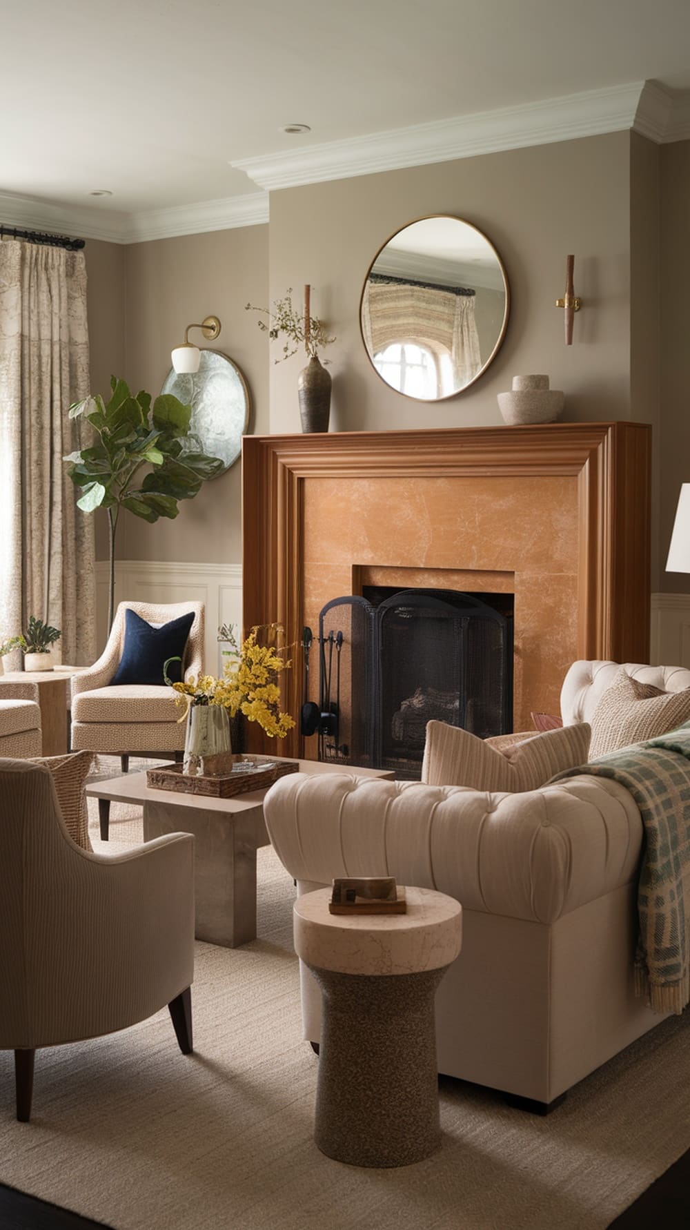 Cozy living room with a warm fireplace, elegant furniture, and natural decor.