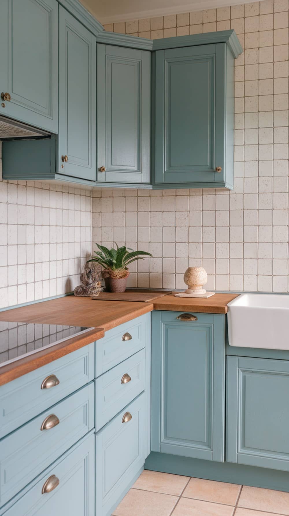 A modern kitchen with dusty blue cabinets and a wooden countertop.