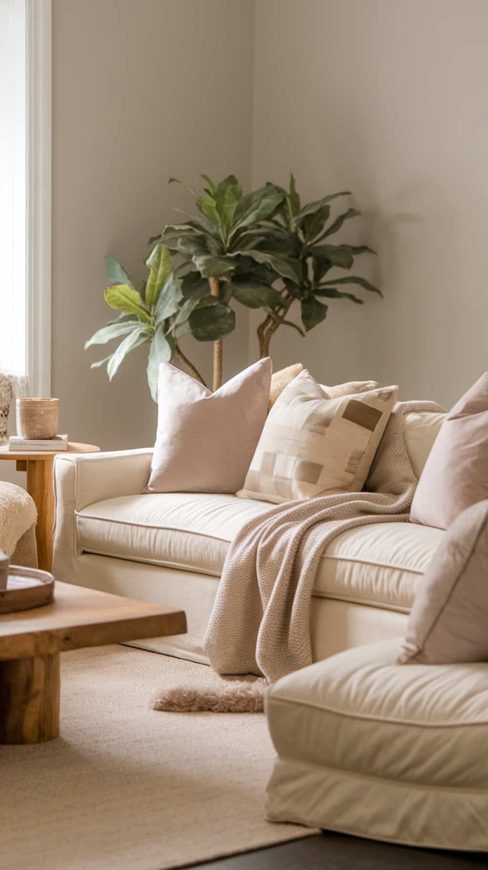 A cozy cream living room with a soft sofa, plush pillows, and a wooden coffee table.