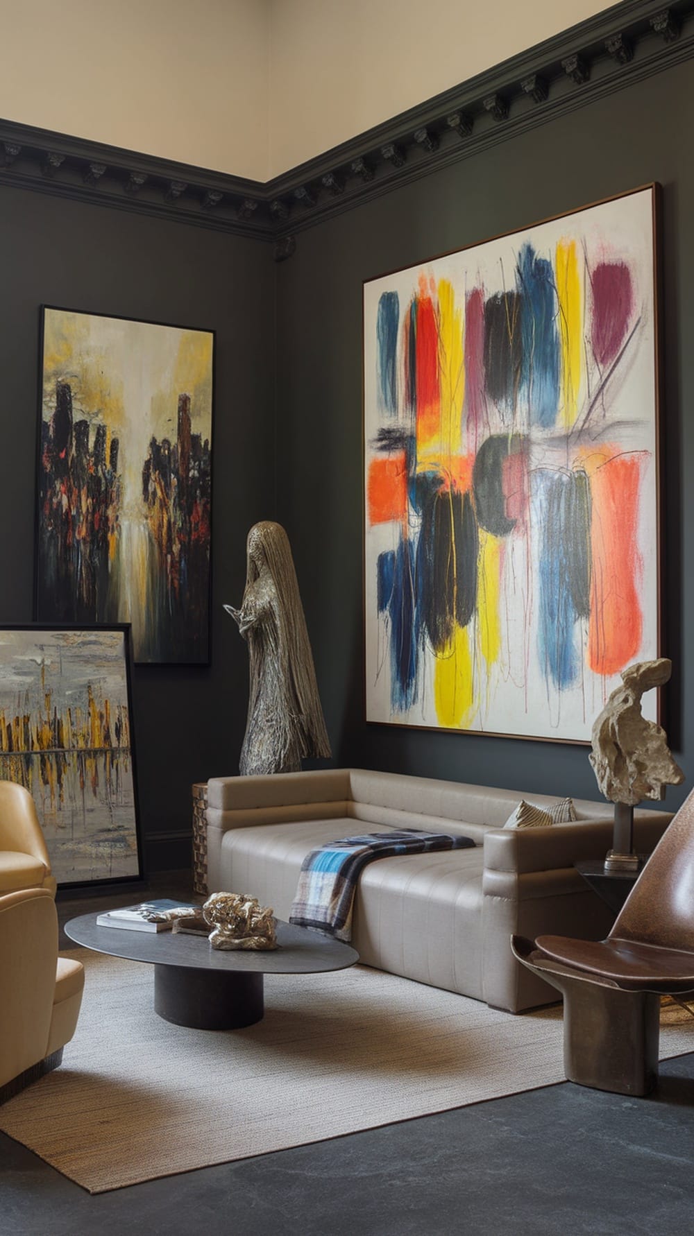 A stylish living room featuring charcoal gray walls, vibrant artwork, and modern furniture.