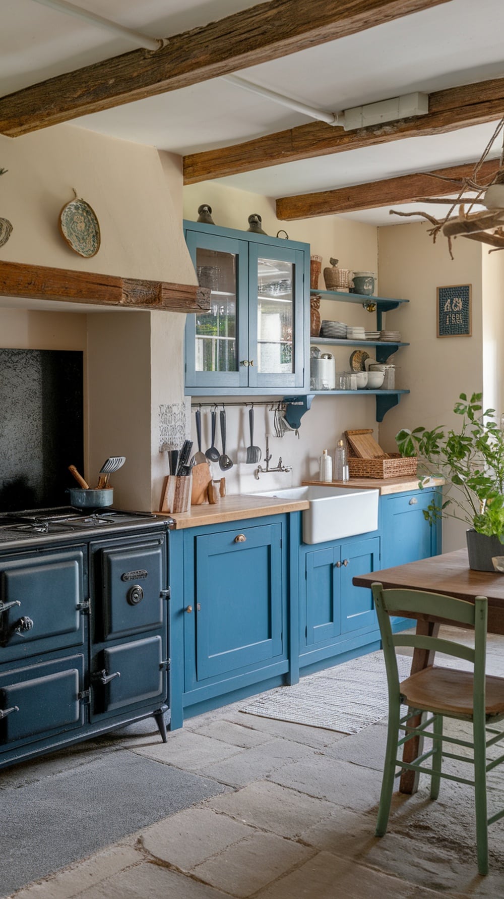 A rustic kitchen featuring indigo cabinets and wooden beams.