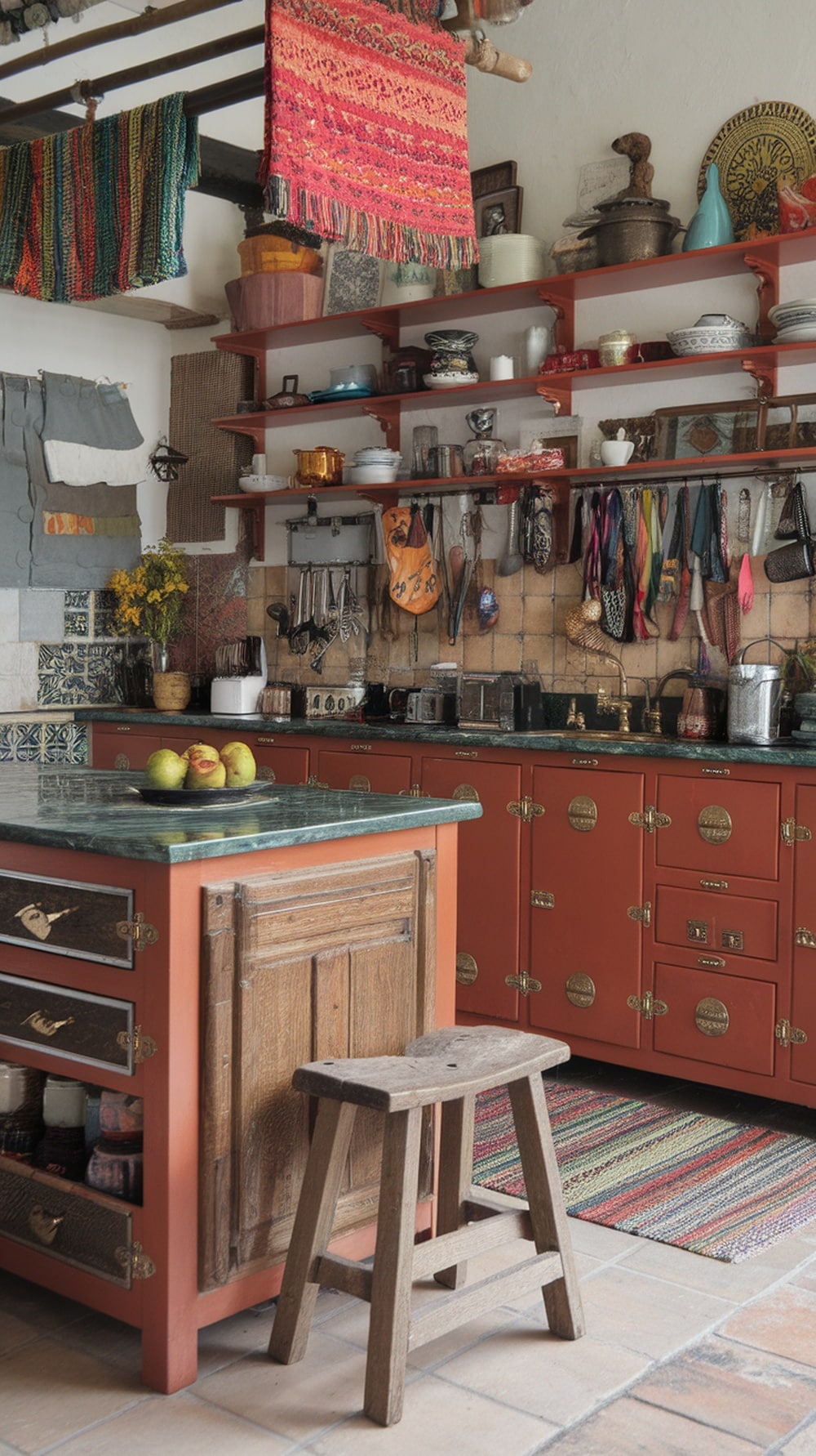 A cozy eclectic bohemian kitchen featuring rust orange cabinets, colorful textiles, and various kitchen items.