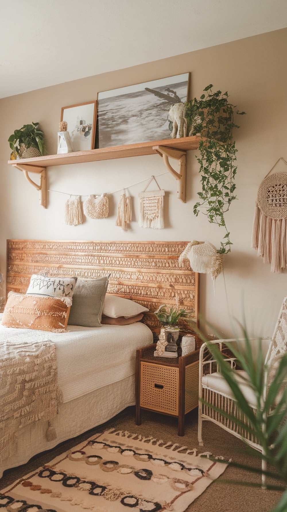 A cozy boho bedroom featuring a wooden headboard, layered bedding, decorative wall shelf, and plants.
