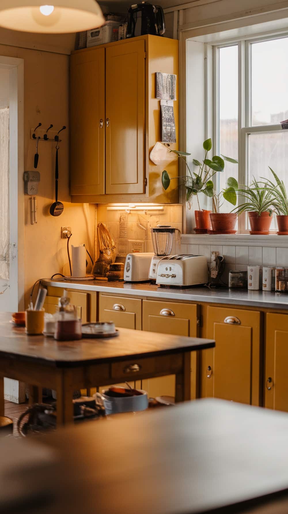 A cozy kitchen featuring vintage mustard yellow cabinets, wooden table, and plants.