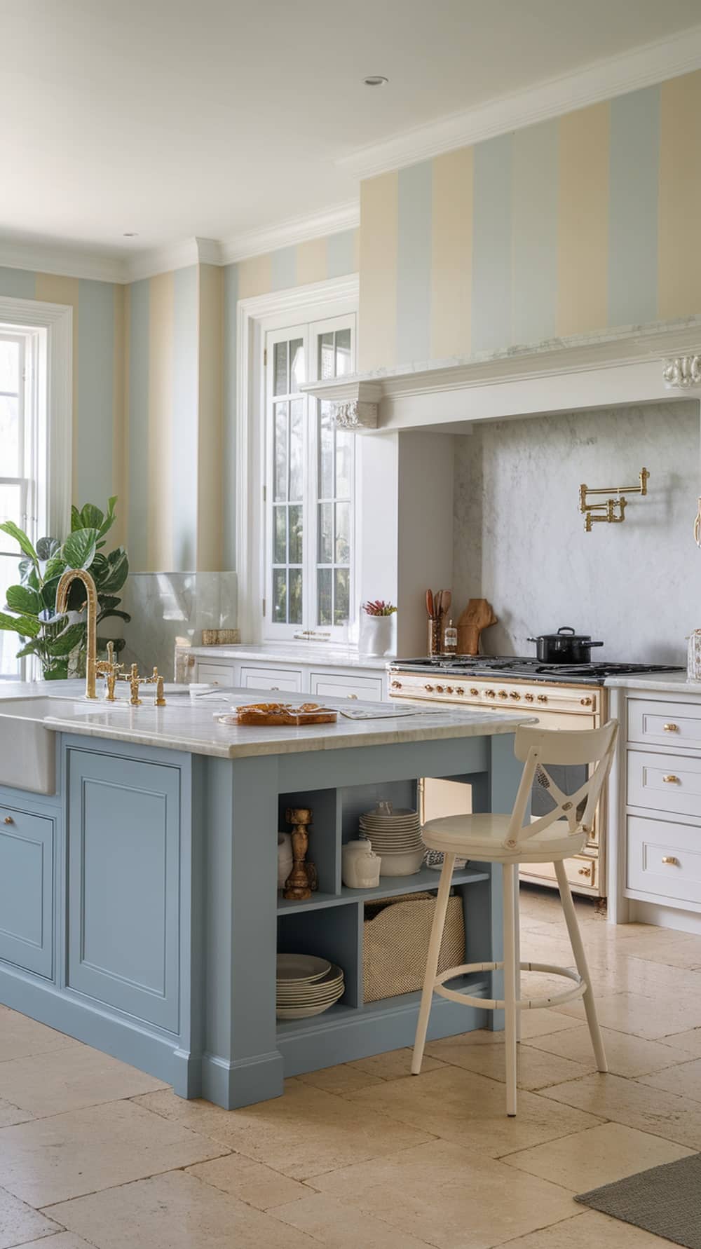 A modern kitchen featuring a dusty blue island with open shelving, surrounded by light-colored walls and a cozy atmosphere.