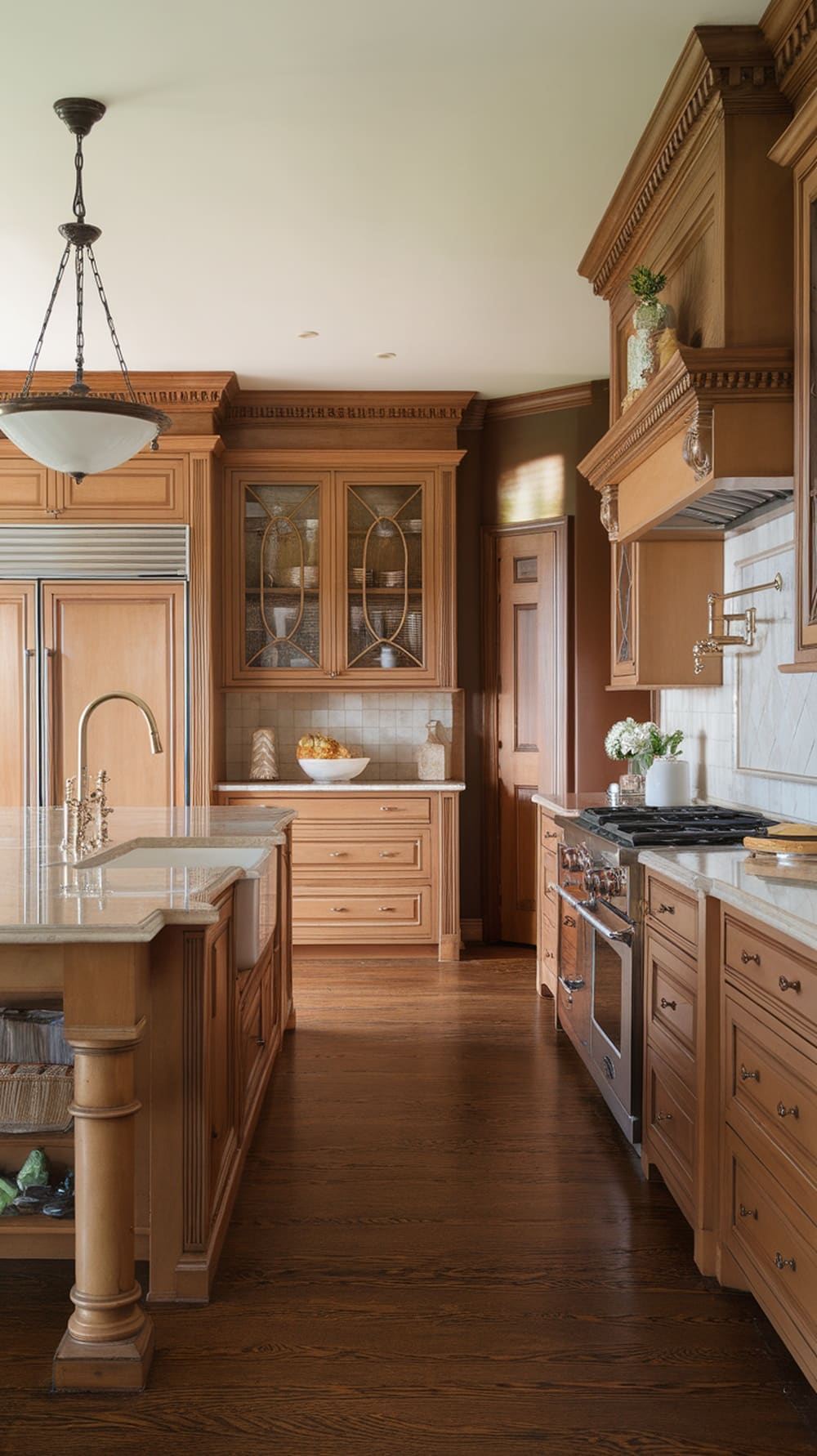 A beautifully designed kitchen featuring caramel cabinets, warm wood flooring, and elegant fixtures.