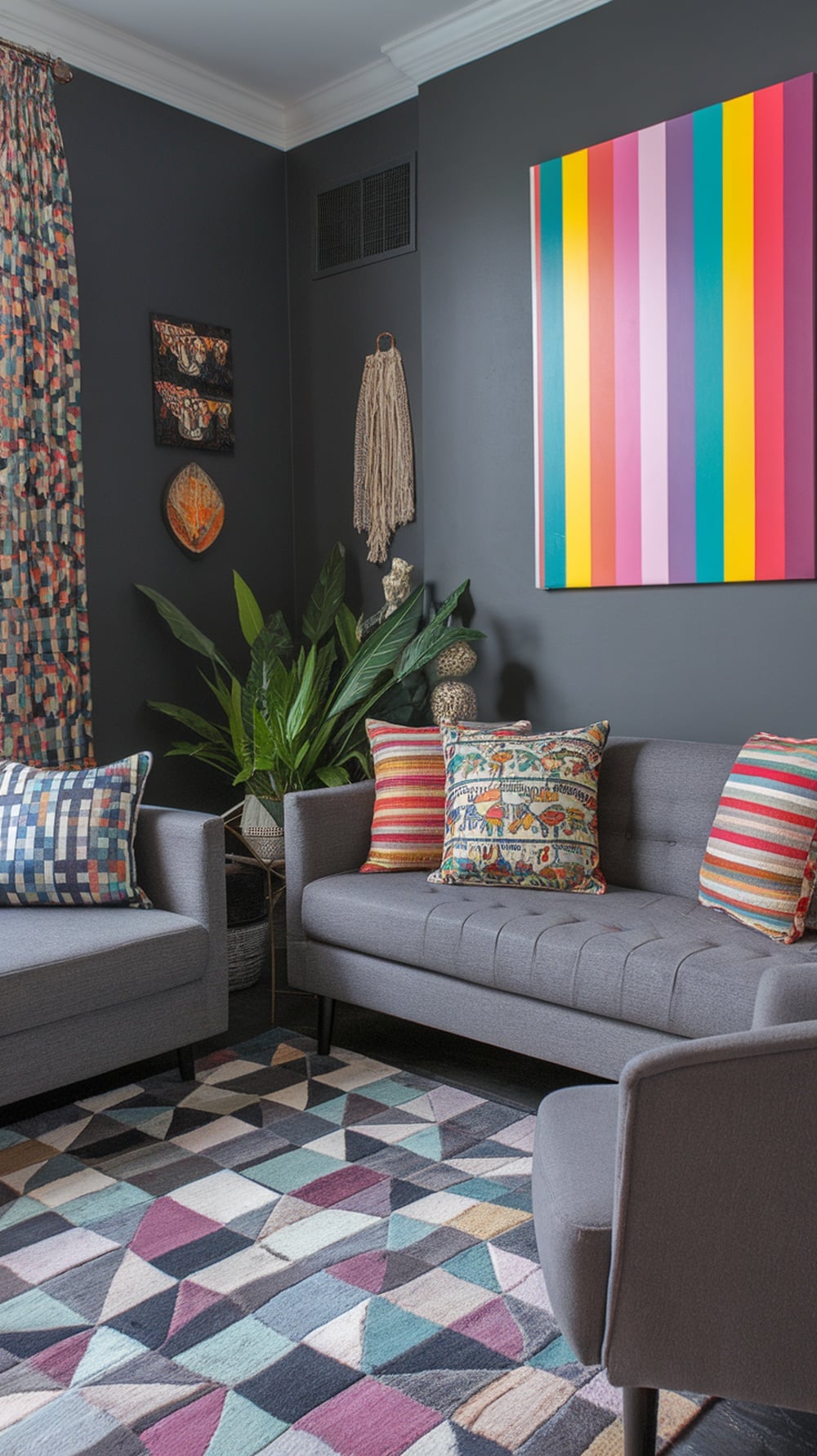 A living room with charcoal gray walls, colorful artwork, patterned pillows, and a geometric rug.