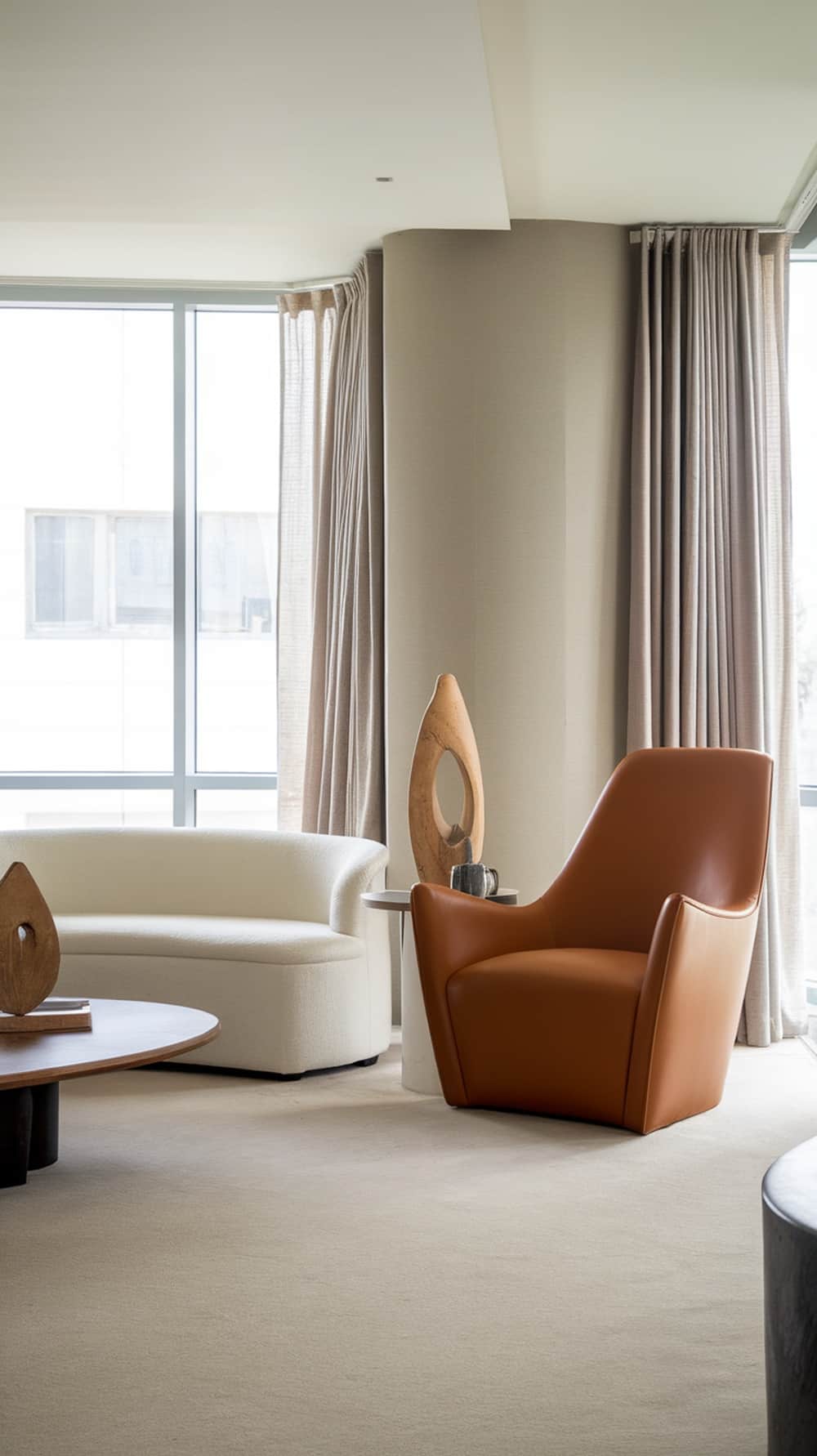 A modern luxury living room featuring a caramel leather chair, a white curved sofa, and a round coffee table.