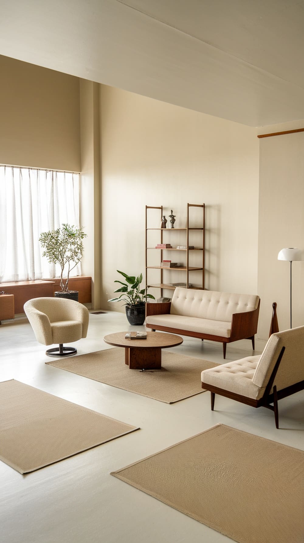 A mid-century modern living room featuring a cozy sofa, stylish armchair, circular coffee table, and plants, with large windows allowing natural light.