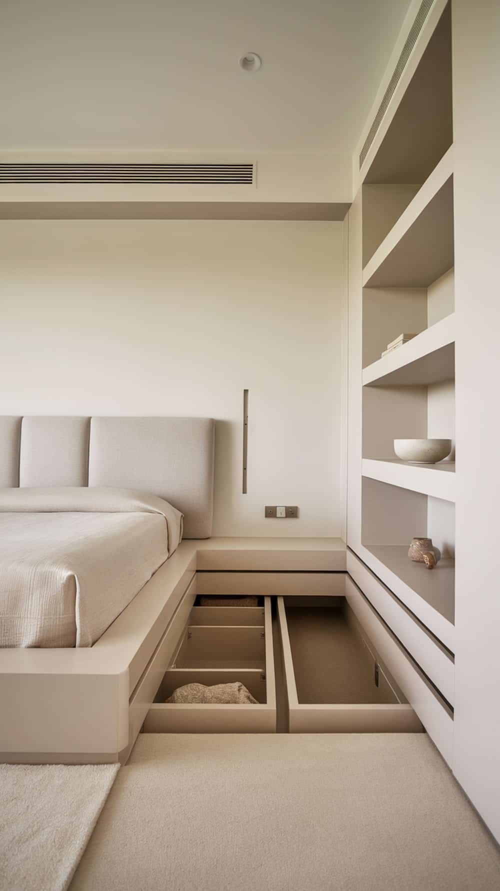 A minimalist bedroom featuring a bed with built-in drawers and a shelving unit.