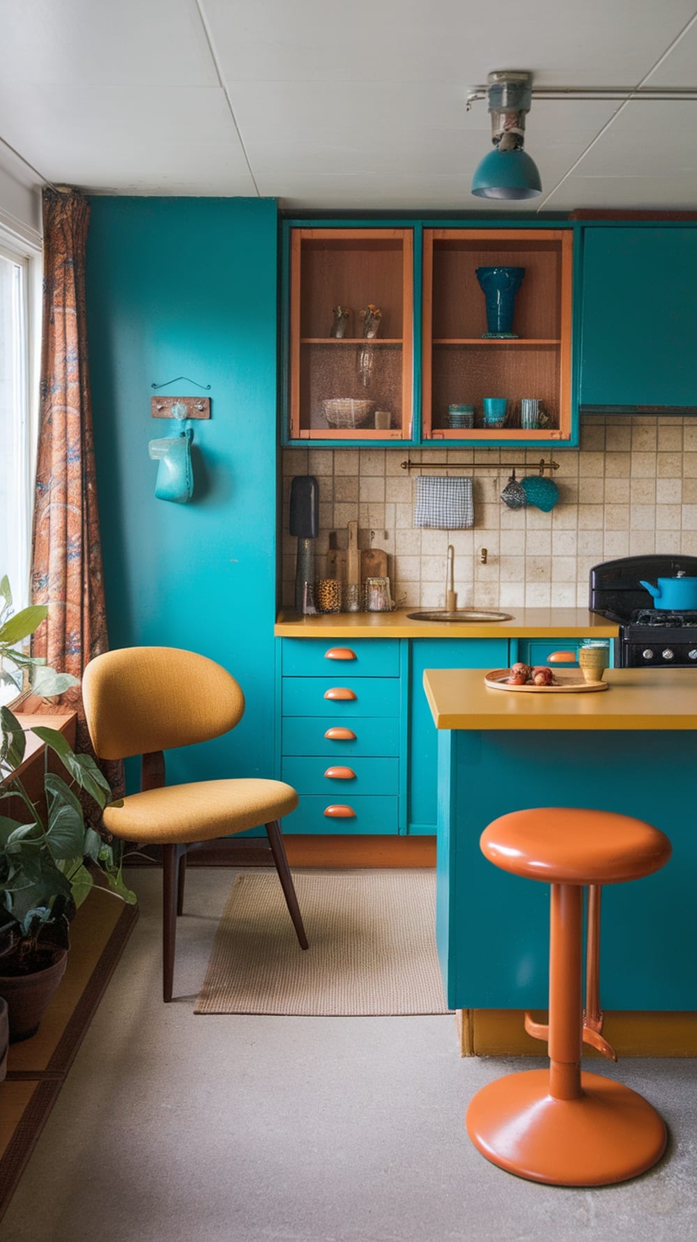 A mid century modern kitchen featuring teal cabinets, orange accents, and a cozy atmosphere.