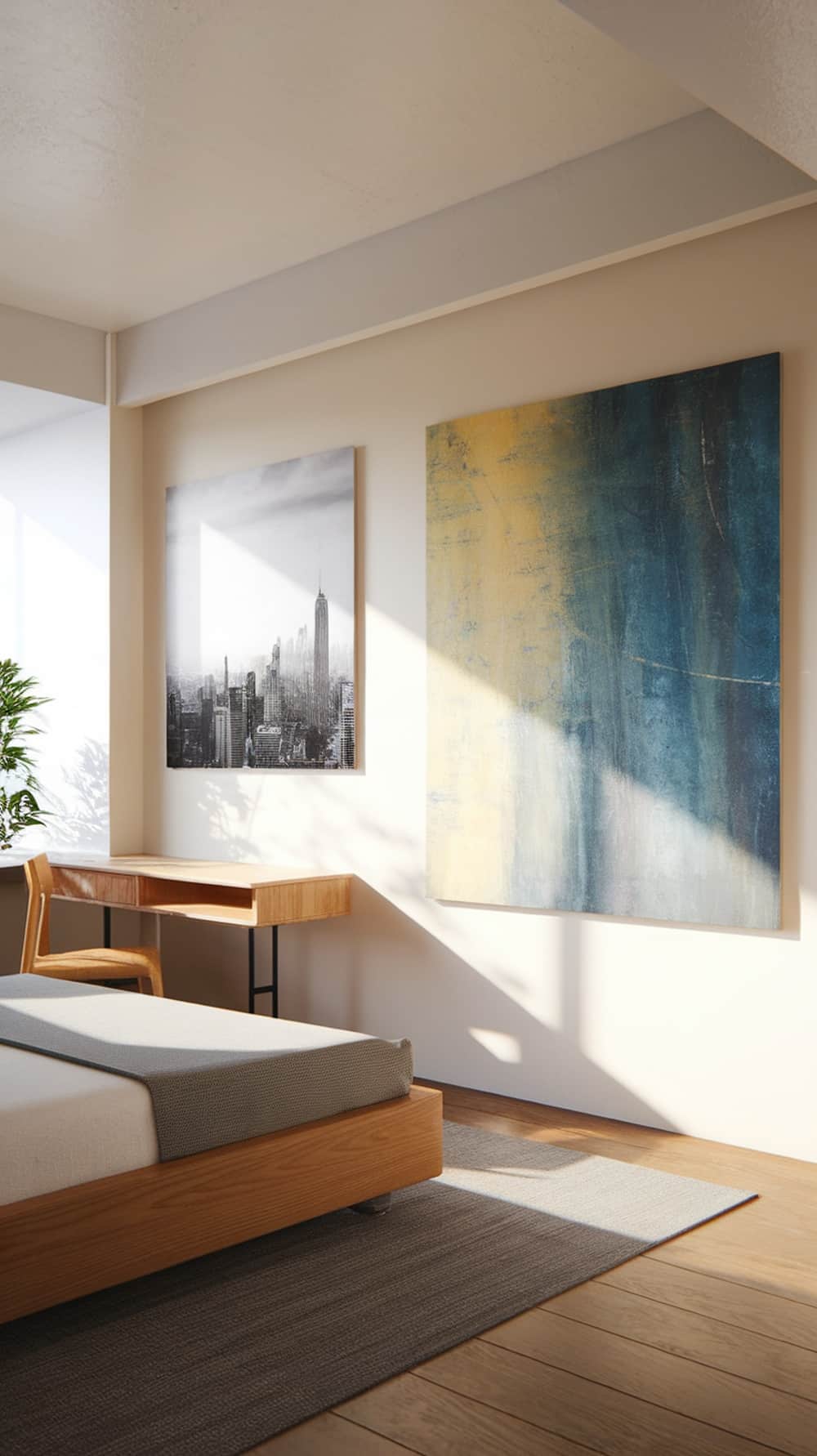 A minimalist bedroom with two pieces of art on the wall, one being a black-and-white cityscape and the other a colorful abstract piece.