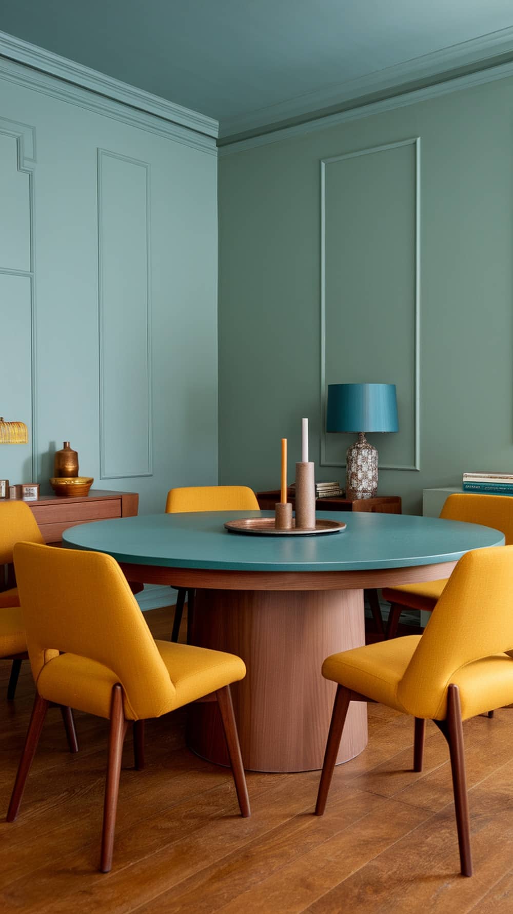 A mid-century modern dining room featuring a round table with teal top and yellow chairs against light teal walls.