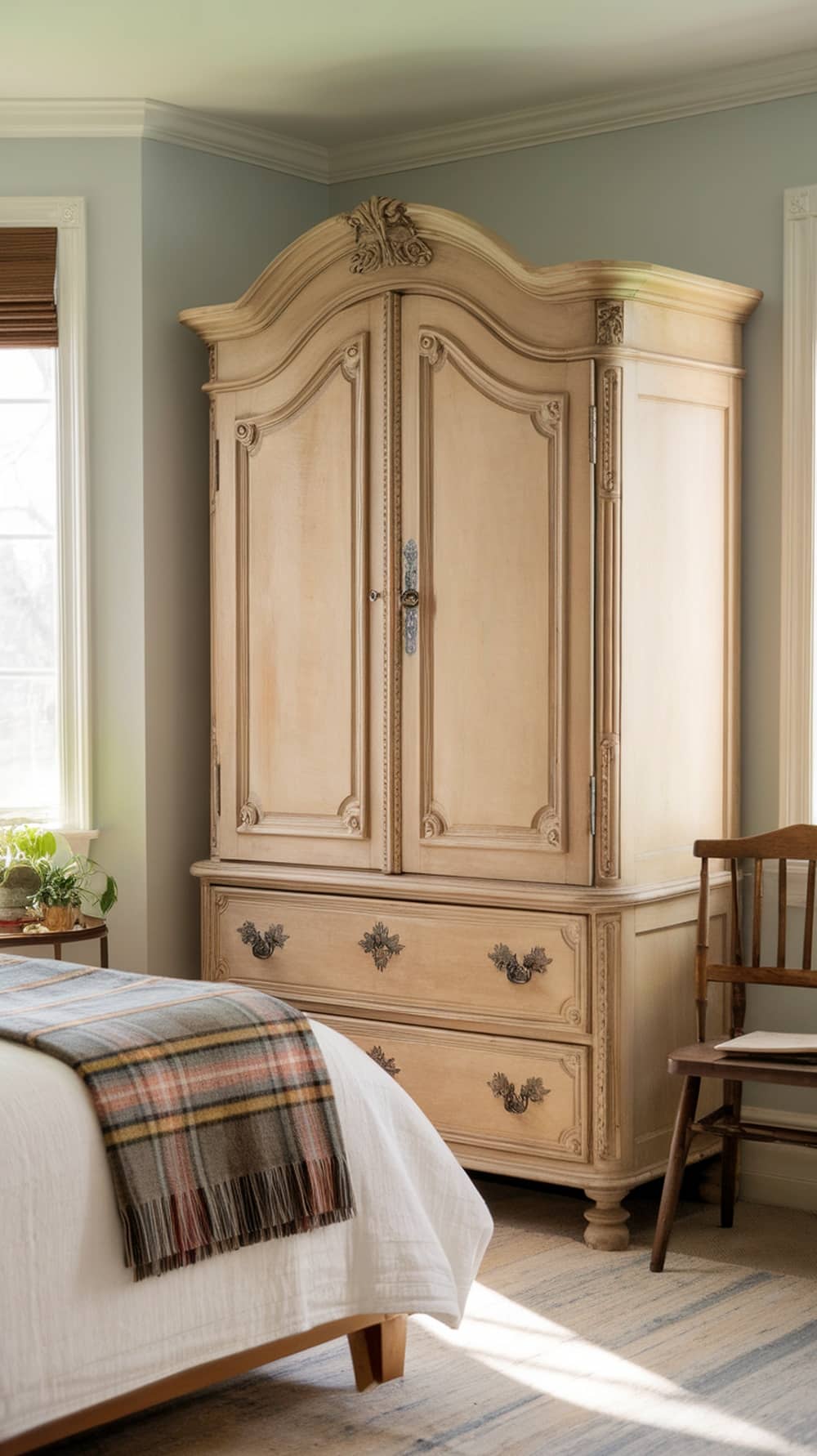 A vintage wooden armoire with intricate detailing, placed in a cozy bedroom setting.
