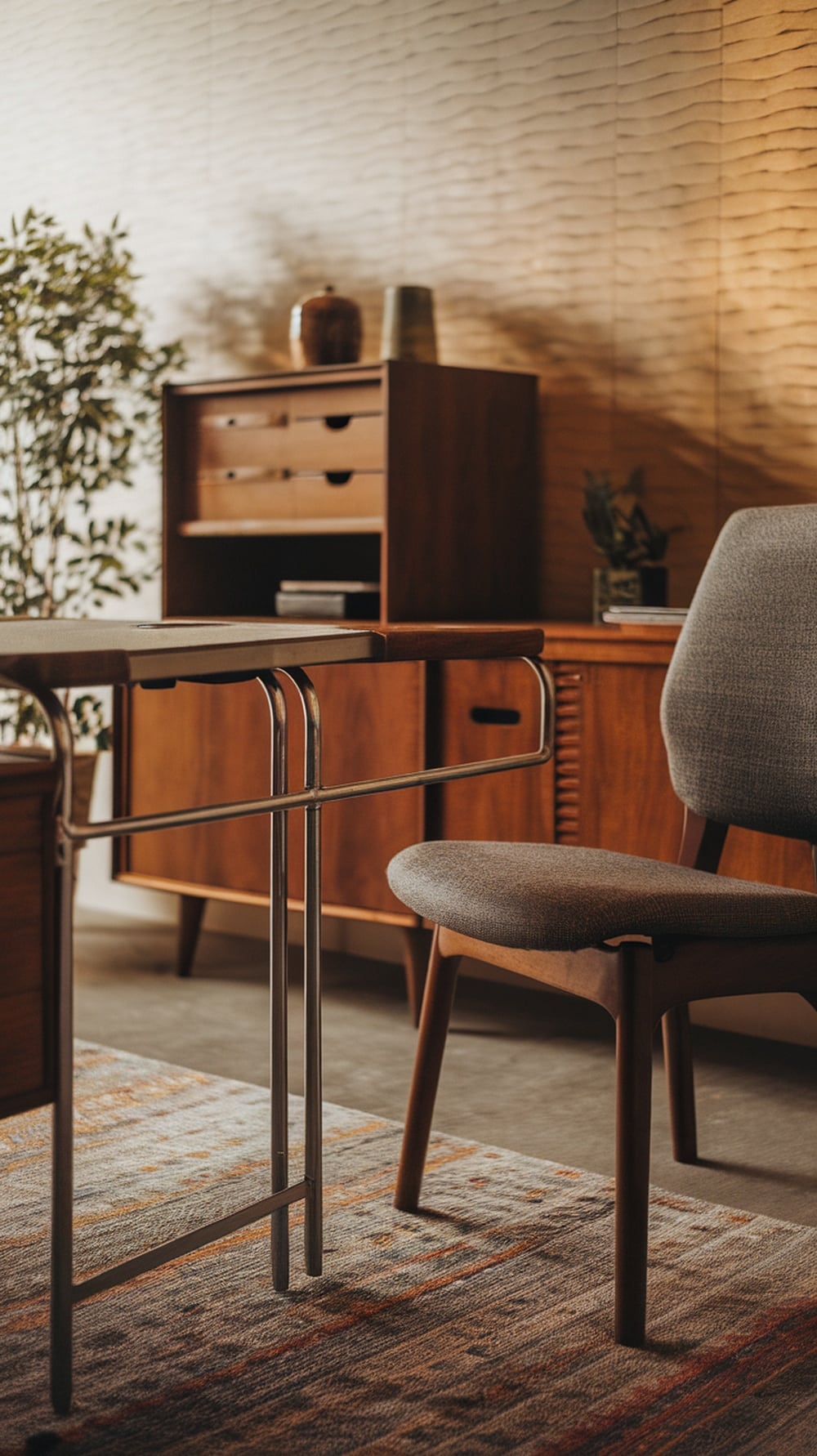 A mid-century modern office featuring a wooden desk with metal legs, a grey upholstered chair, and a textured wall.