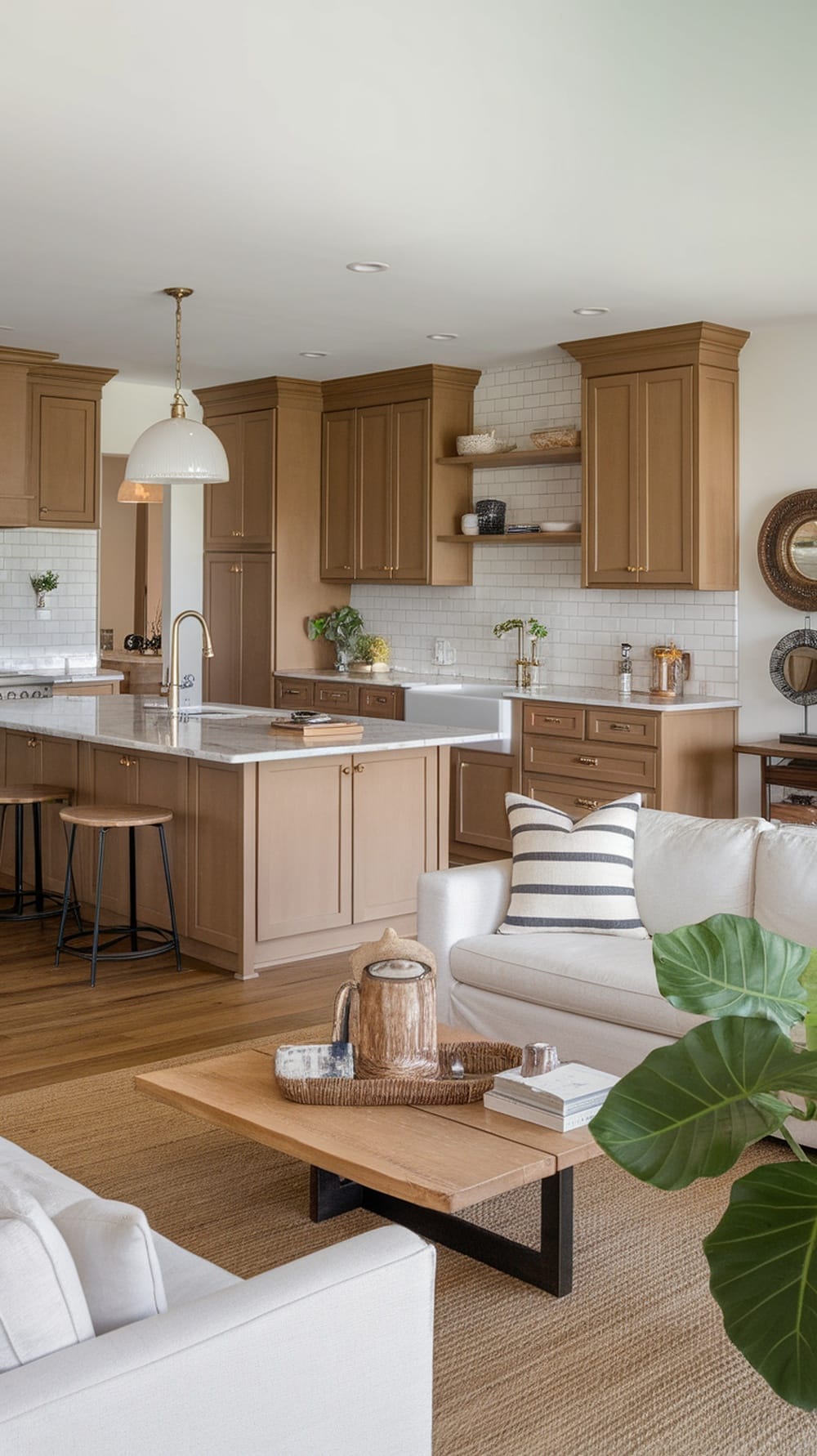Cozy open concept kitchen with caramel cabinets and light decor