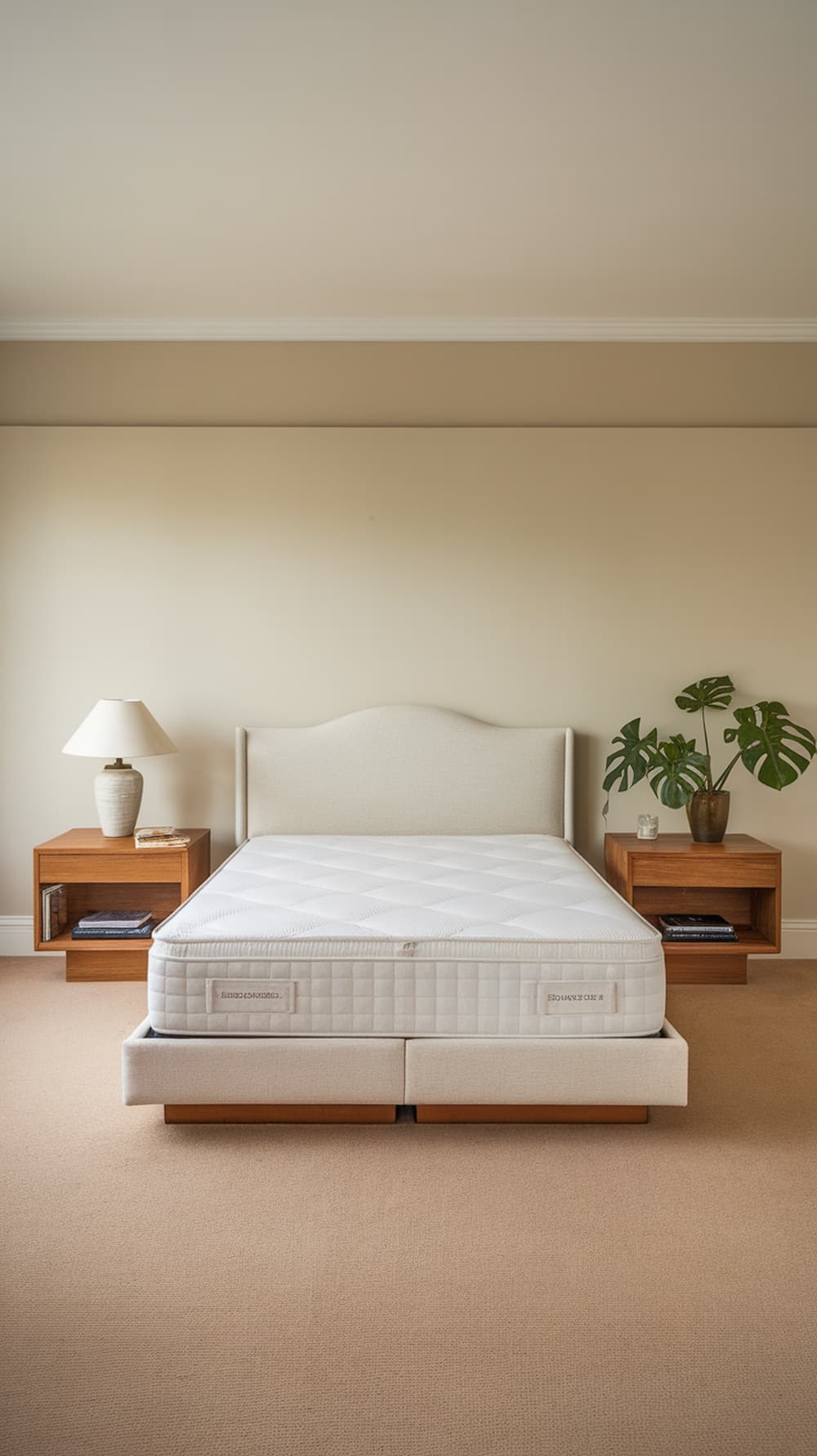 Minimalist bedroom with an open space layout featuring a bed, nightstands, and a plant.