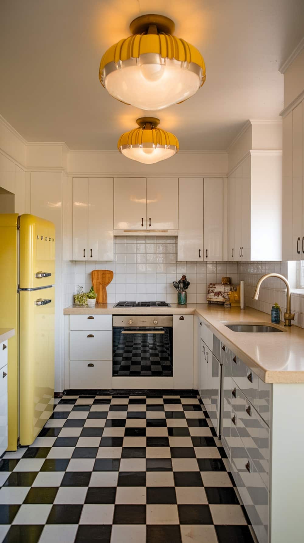 Mid-century modern kitchen with yellow statement lighting fixtures