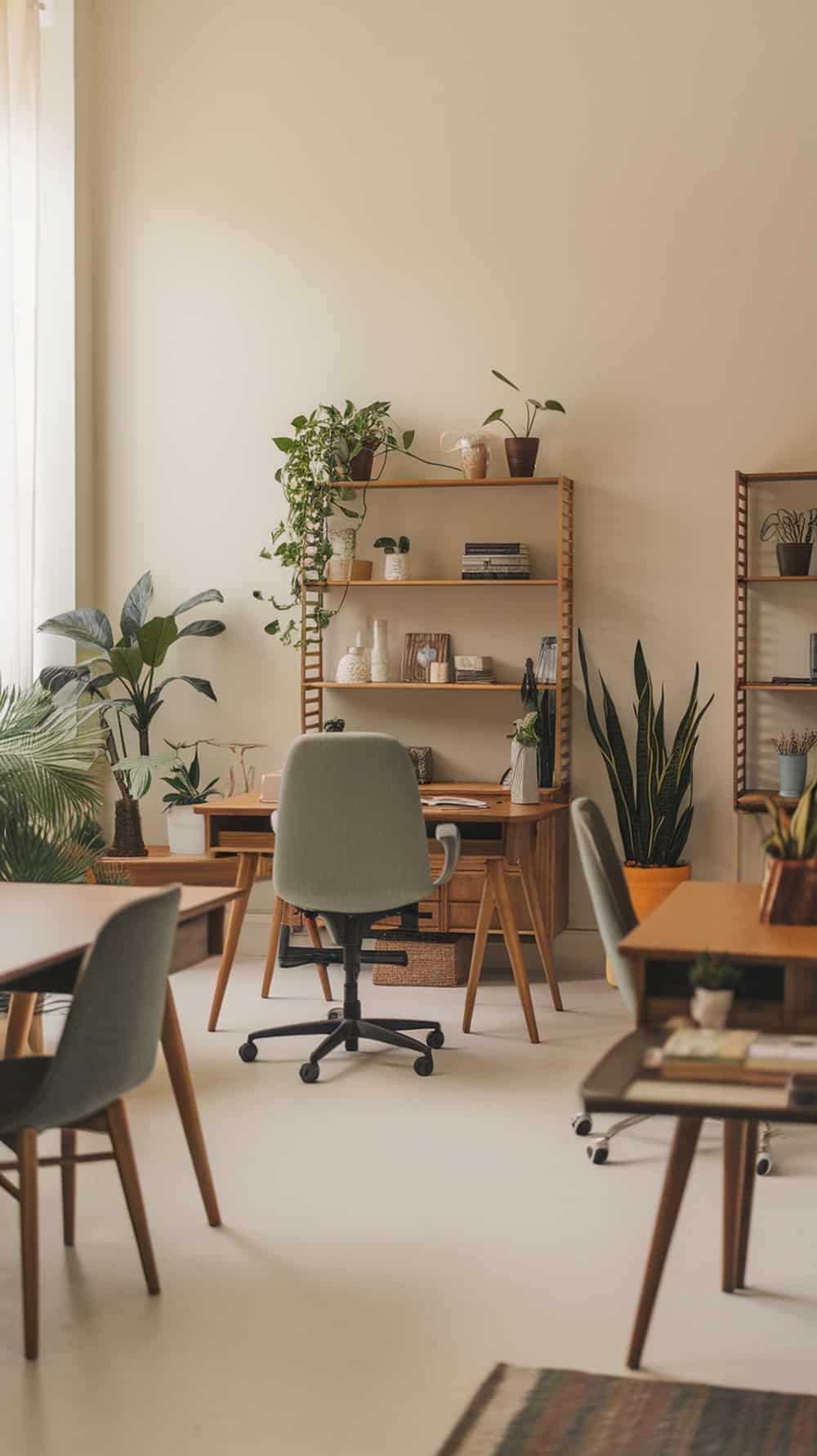 A mid-century modern office with wooden furniture and various plants, creating a natural and inviting workspace.