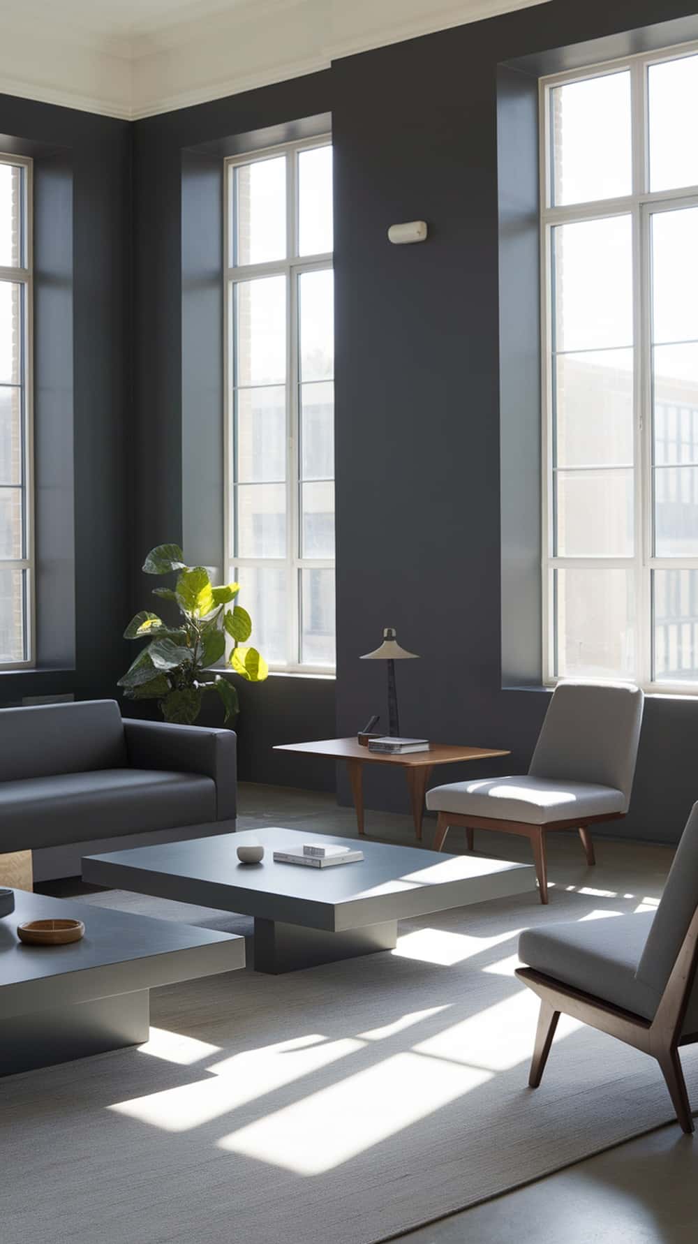 A minimalistic living room featuring charcoal gray walls, modern furniture, and large windows with natural light.