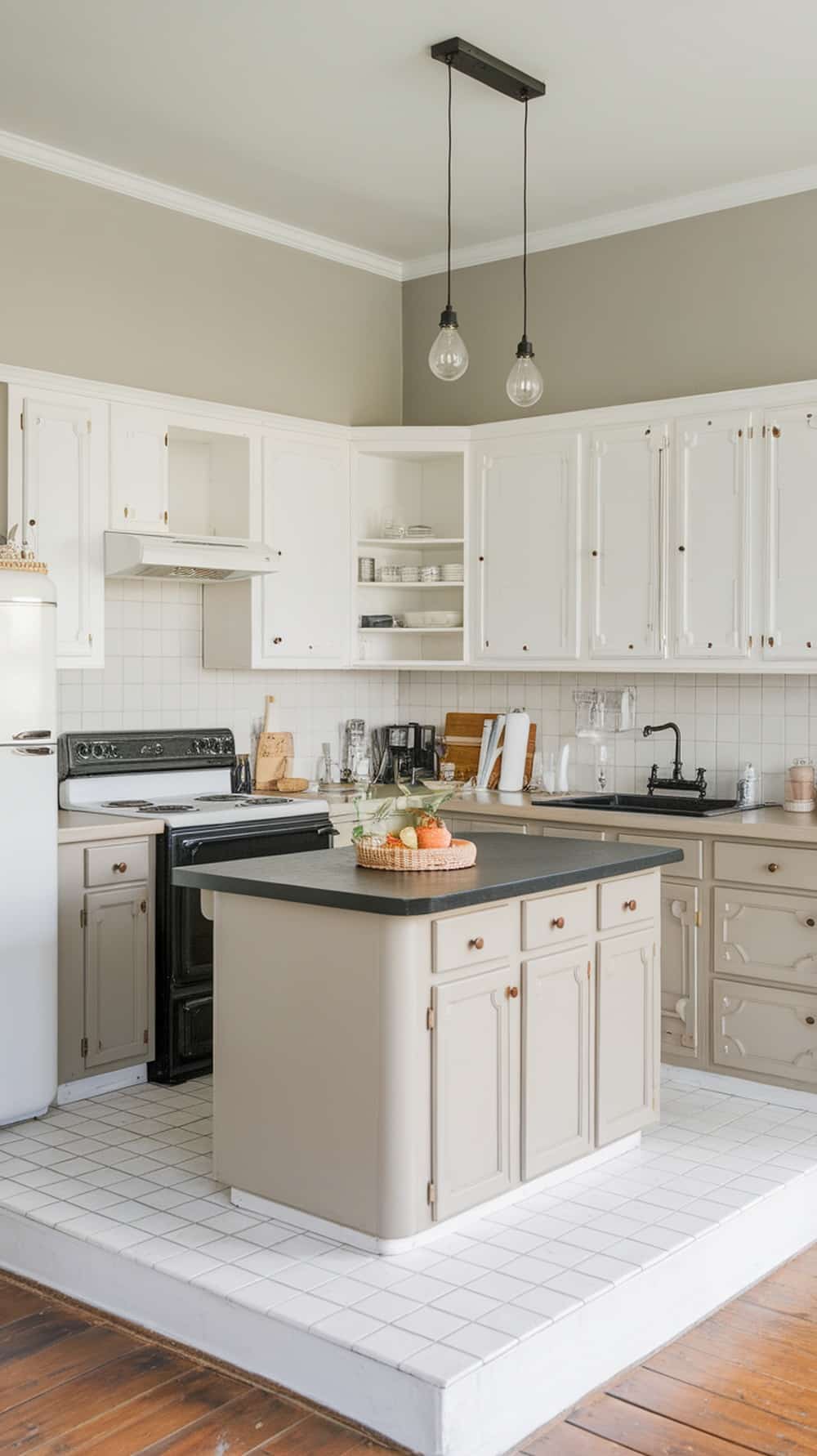 A kitchen featuring two-tone greige and white cabinets with a modern design.