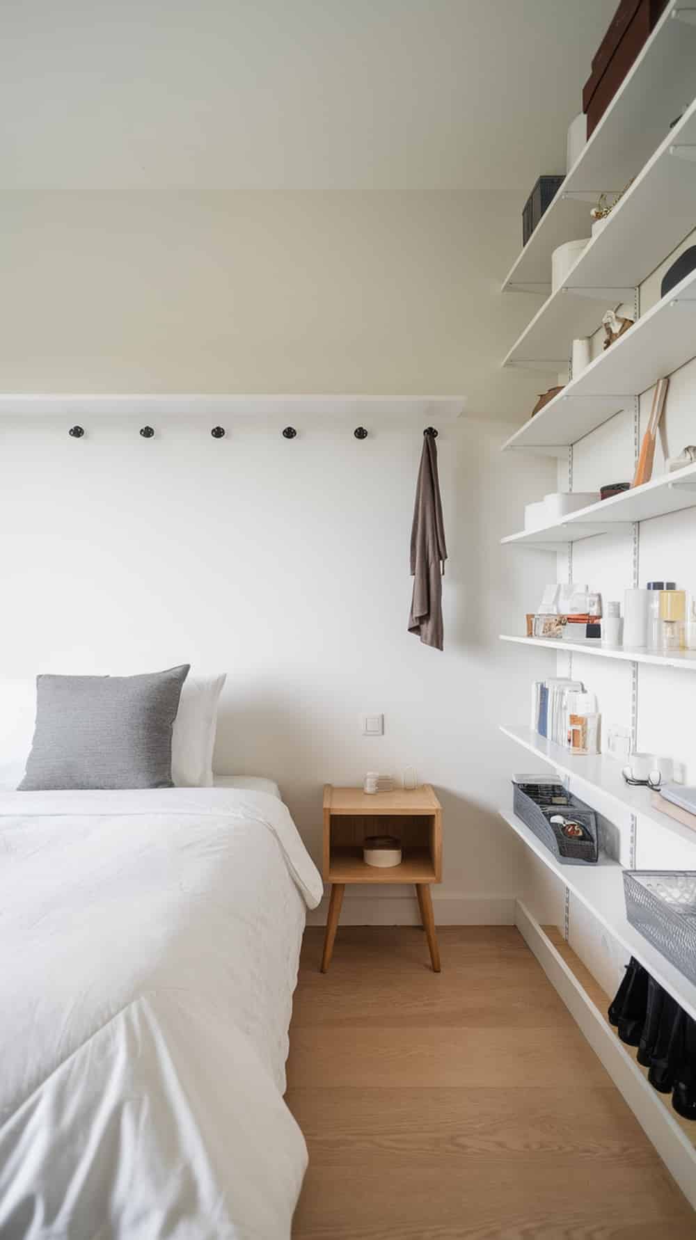 A cozy bedroom with a neatly made bed, a simple nightstand, and organized shelves, promoting a peaceful atmosphere.