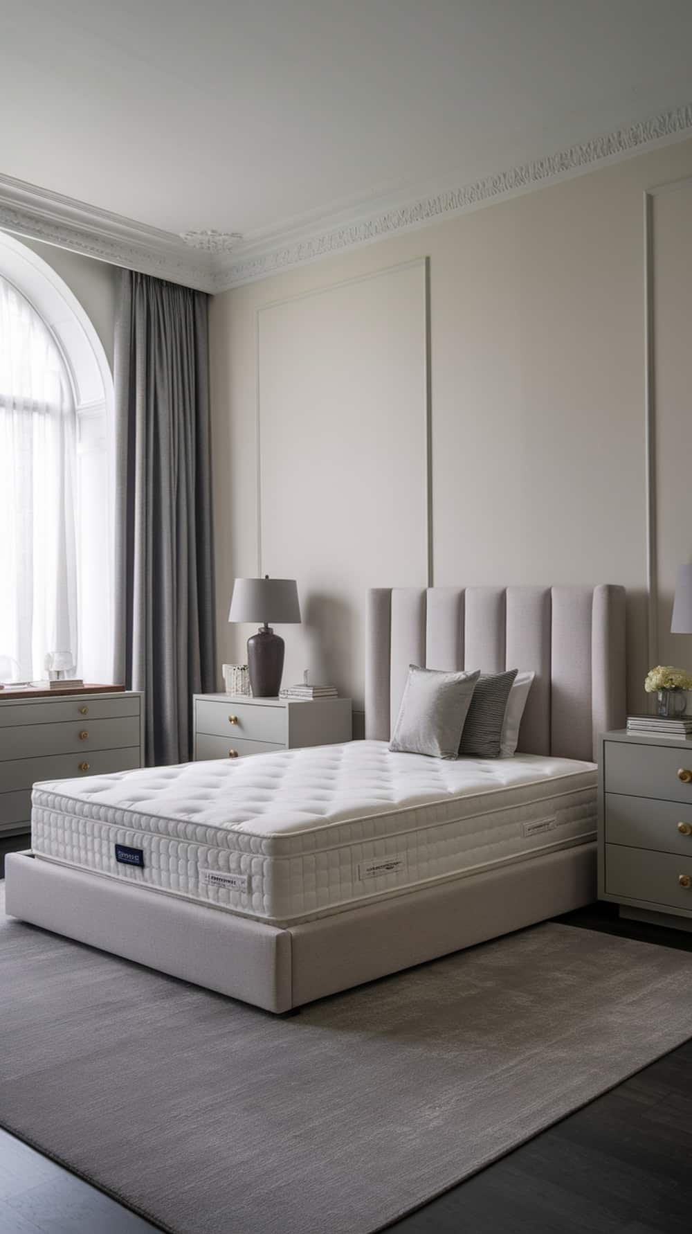 Minimalist bedroom with a monochromatic color scheme featuring gray and beige tones.