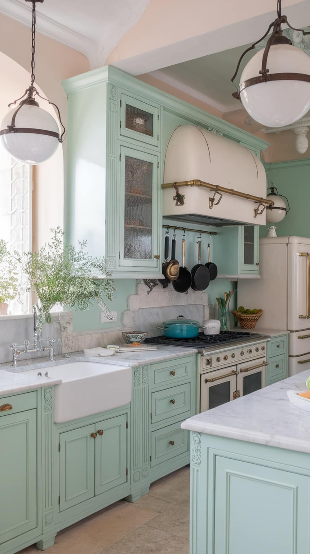A kitchen featuring soft mint green cabinets with marble countertops and natural decor.