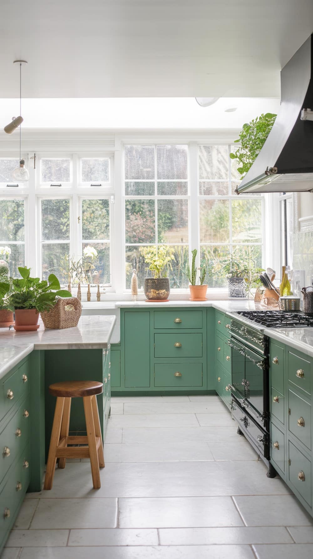 A bright kitchen with emerald green cabinets and large windows letting in natural light.