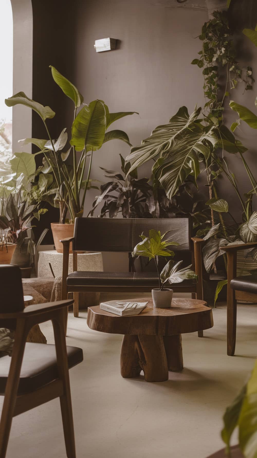 A cozy living room with charcoal gray walls, wooden furniture, and various indoor plants.