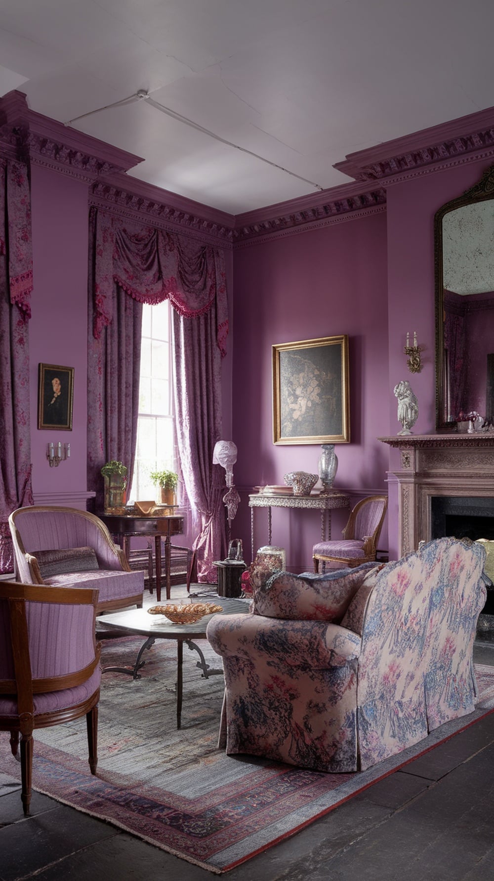 A Victorian living room featuring lavender walls, floral-patterned furniture, and elegant decor.
