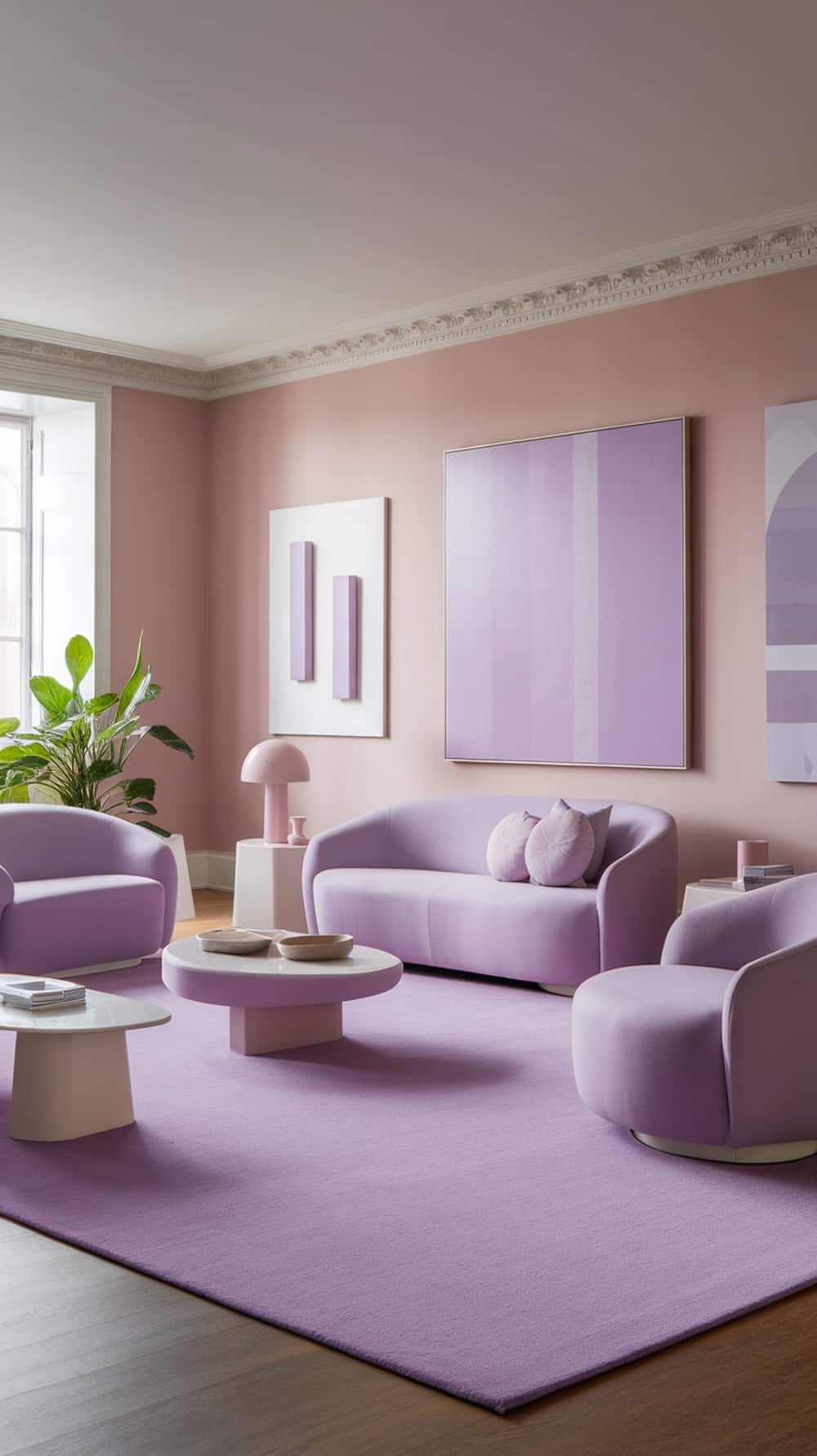 A contemporary living room featuring lavender furniture, soft pink walls, and modern decor.
