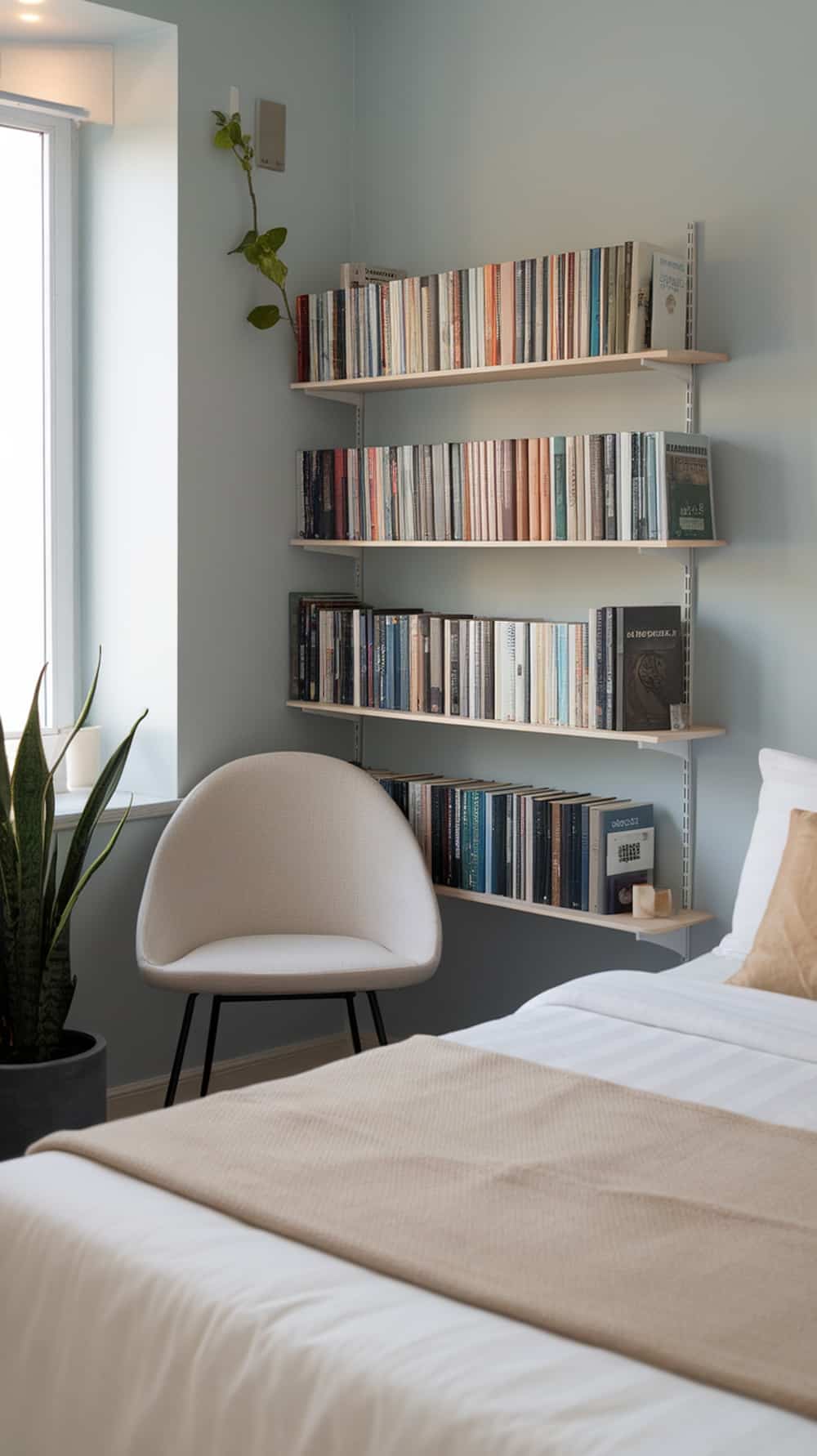 A minimalist reading nook featuring a cozy chair, bookshelves filled with books, and a plant, all in a softly lit bedroom.