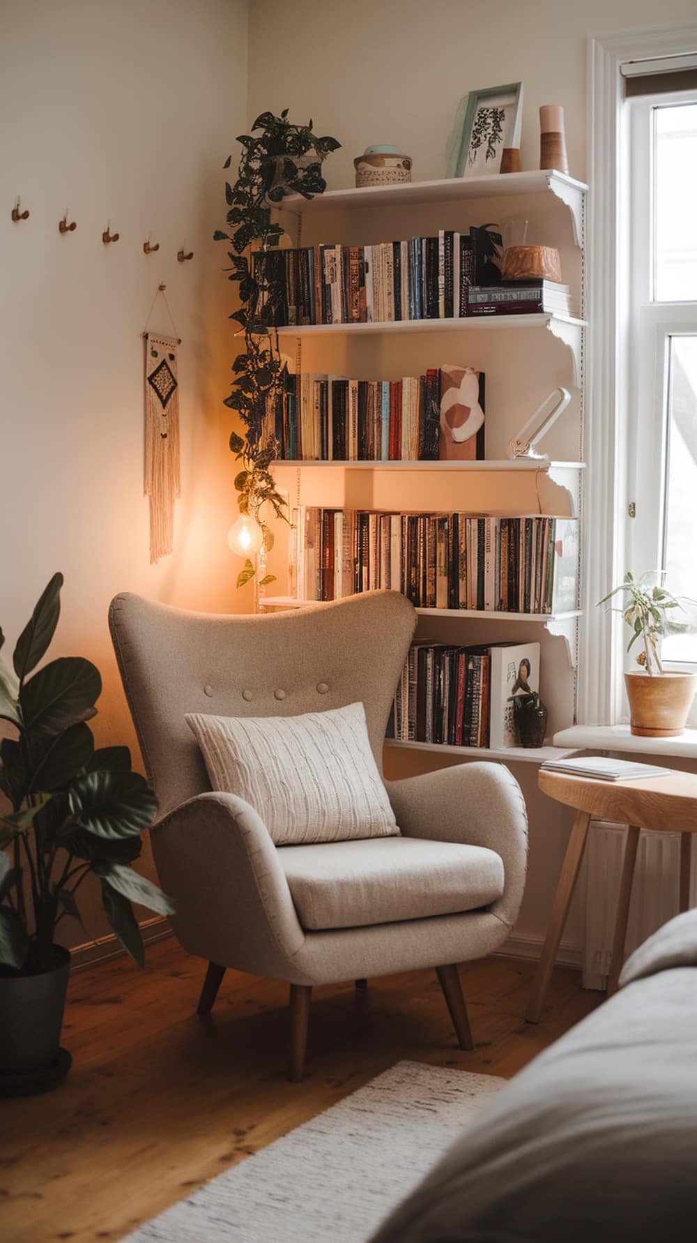 A cozy reading nook featuring a comfortable armchair, bookshelves filled with books, a small table, and plants.