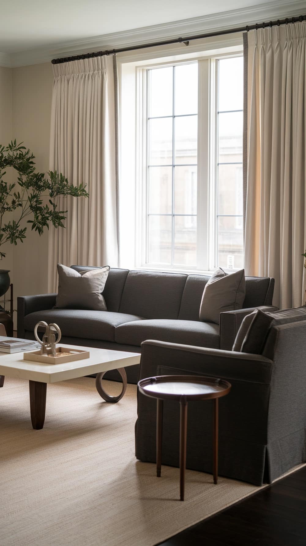 A stylish living room featuring a charcoal gray sofa, light curtains, and a coffee table, with a plant in the corner.