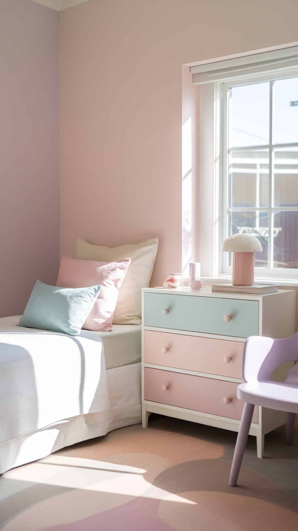 A small bedroom with light pastel colors on the walls, a bed with soft pillows, and a dresser, creating an airy and spacious feel.