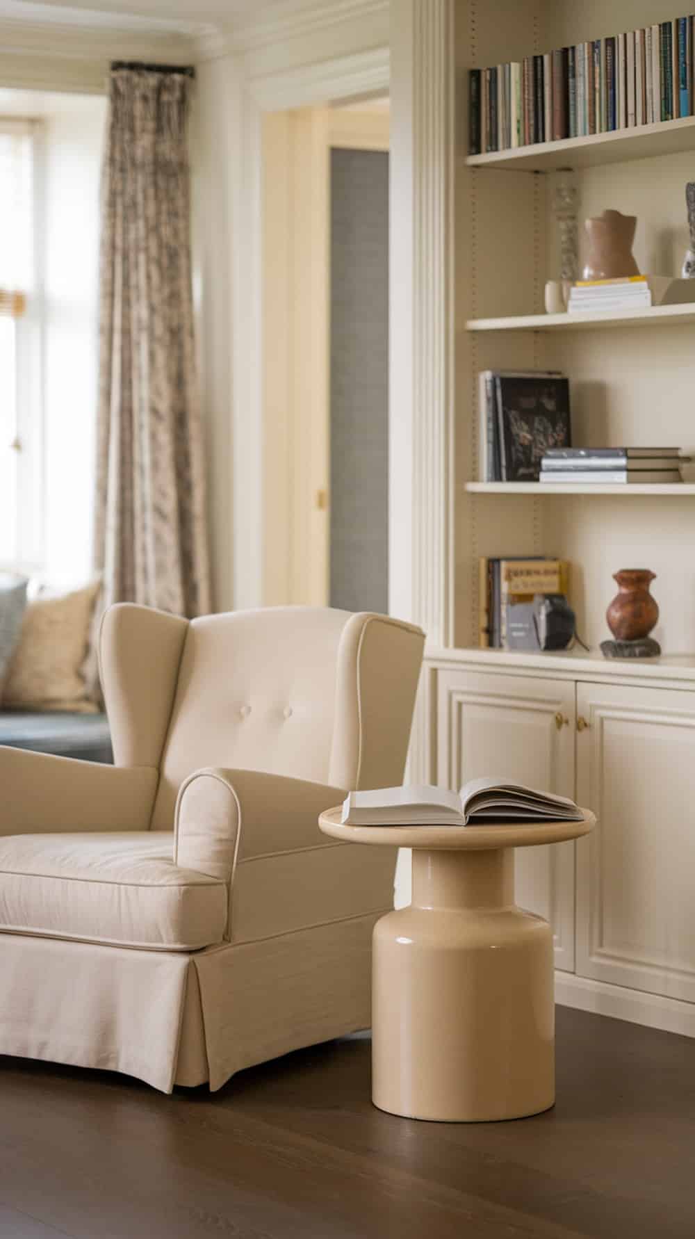 A cozy reading nook with a cream armchair, a small side table, and bookshelves filled with books and decorative items.