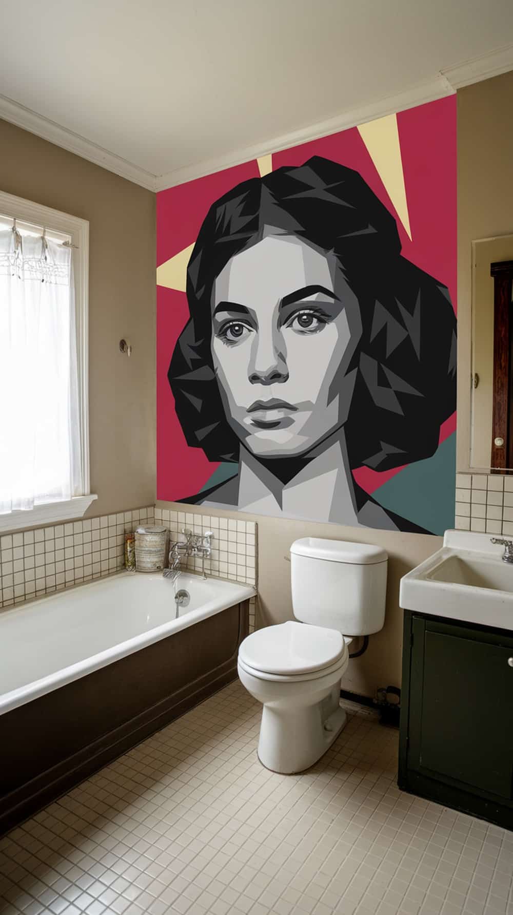 A mid-century modern bathroom featuring a bold mural of a woman's face on the wall.