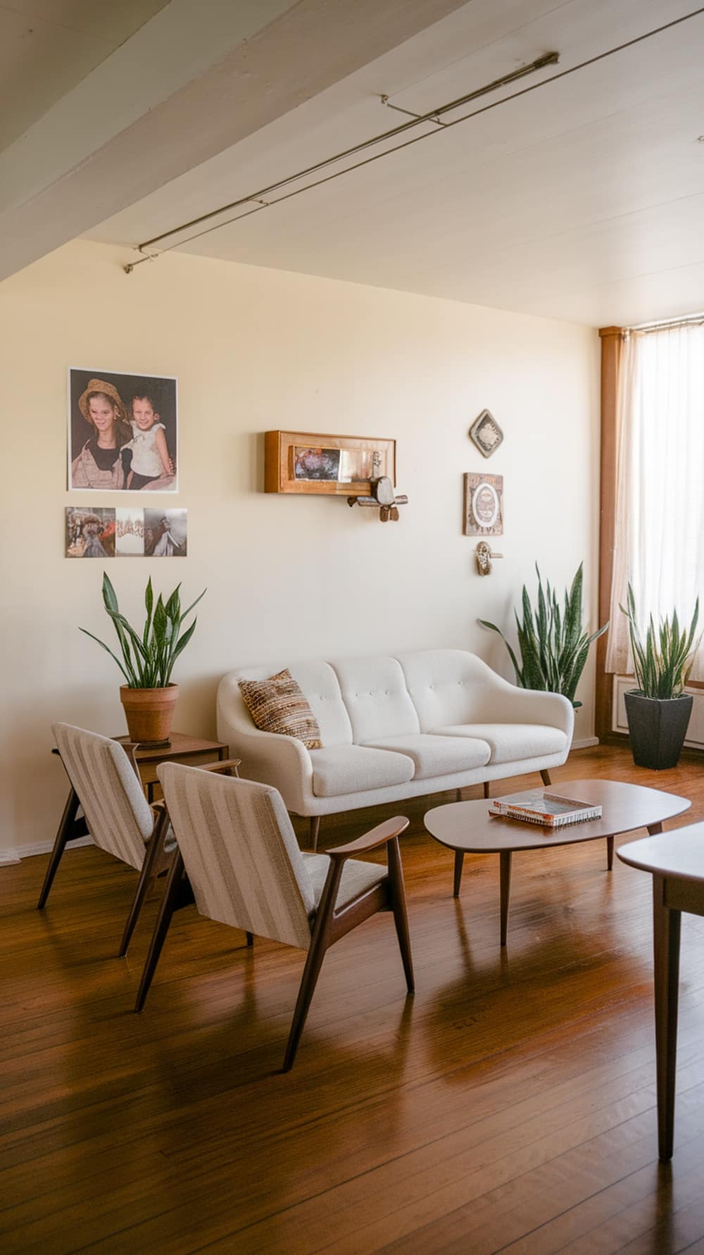 A mid-century modern living room featuring a light-colored sofa, wooden floor, plants, and wall art.