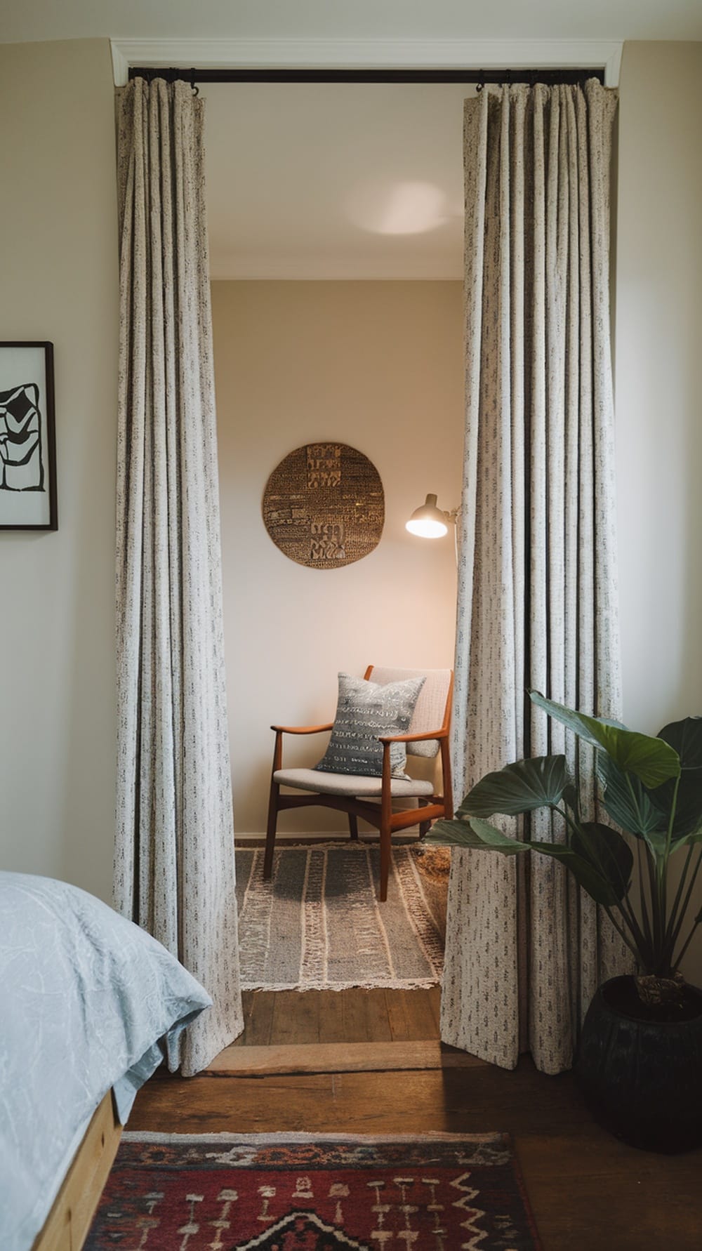 A small bedroom with curtains separating a cozy reading nook from the sleeping area, featuring a chair, lamp, and decorative wall art.