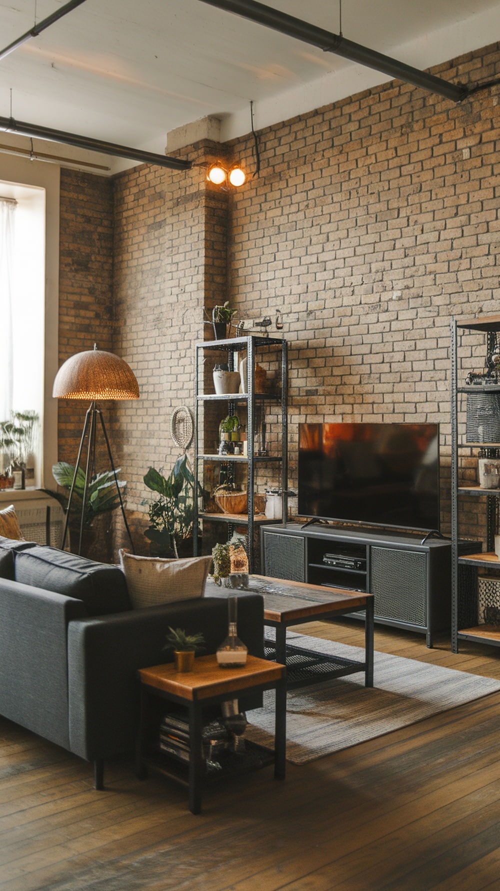 A stylish industrial living room featuring a charcoal gray sofa, wooden coffee table, and exposed brick wall.