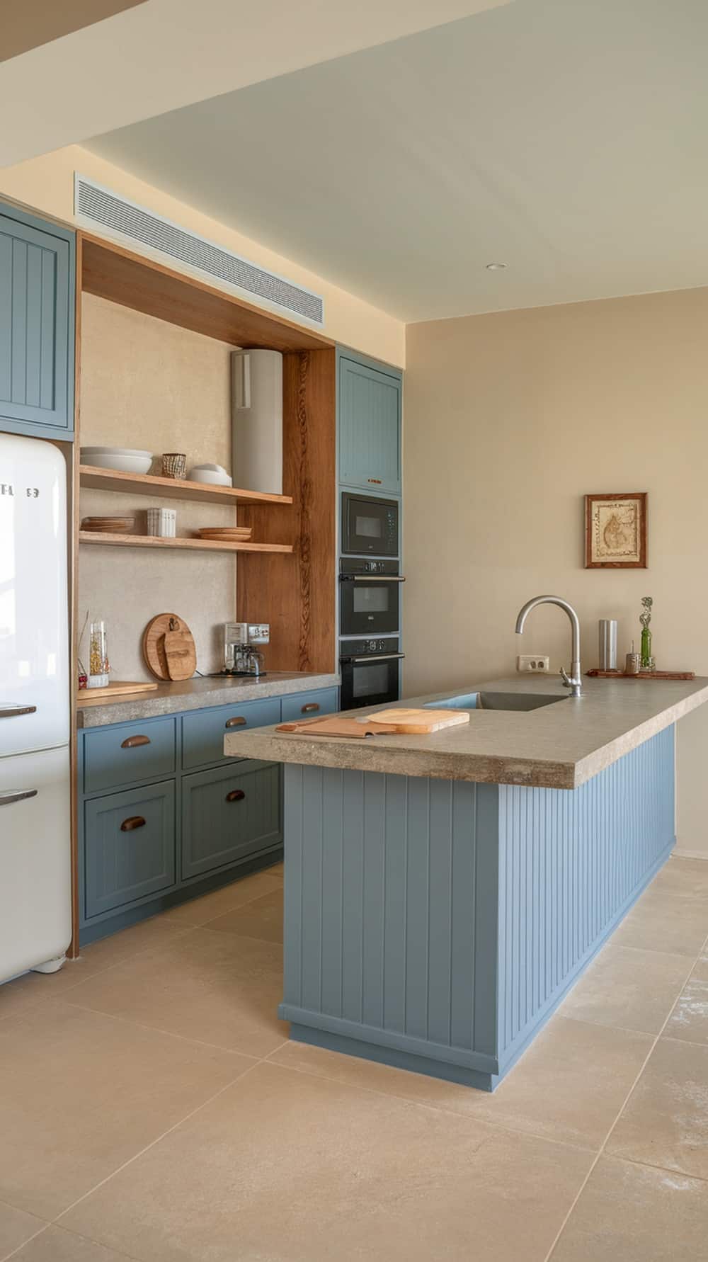A modern kitchen featuring dusty blue cabinets and wooden accents.