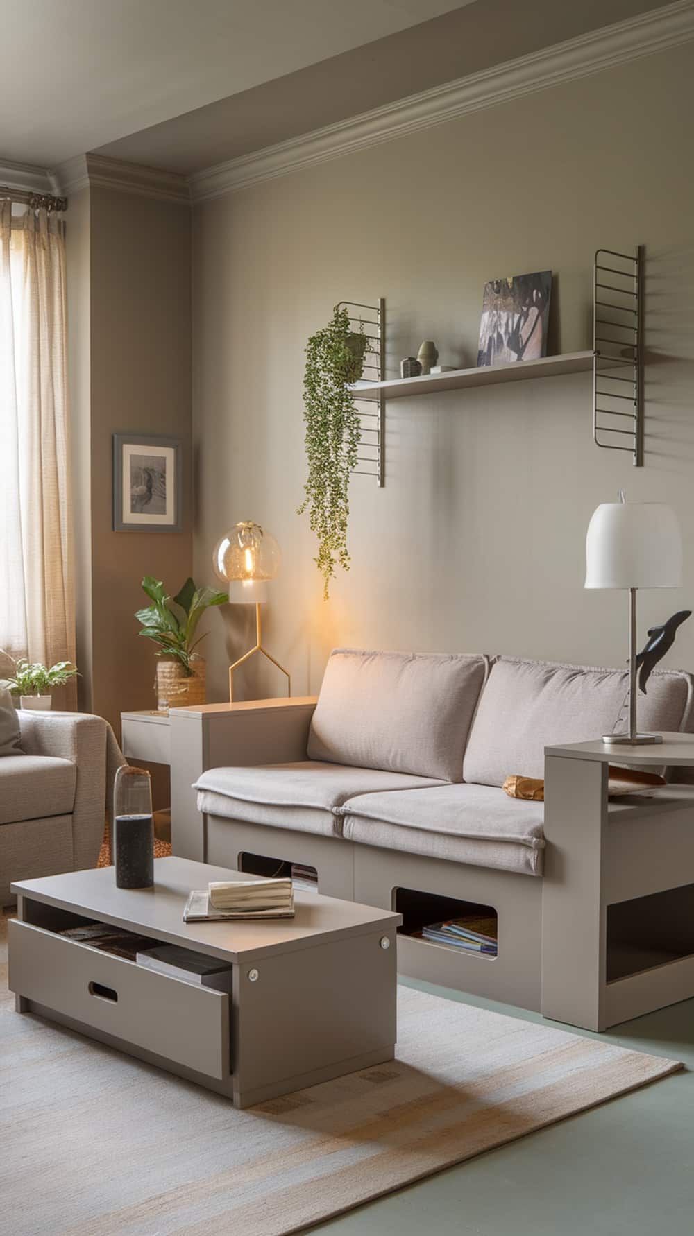 A functional greige living room featuring multi-use furniture, including a sofa with storage and a coffee table with a drawer.
