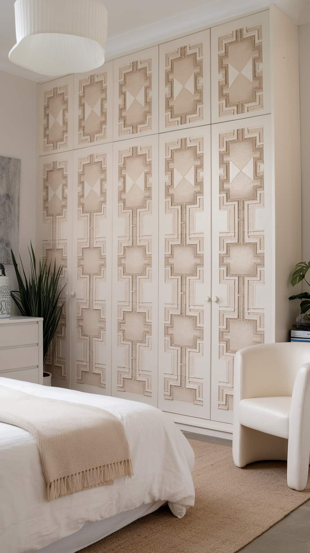 A stylish hidden wardrobe with textured doors in a modern bedroom setting.