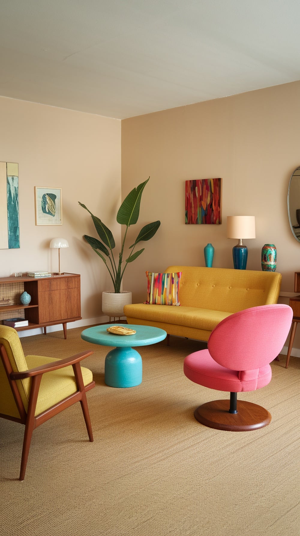 A mid-century modern living room featuring a yellow sofa, pink chair, and colorful decor.