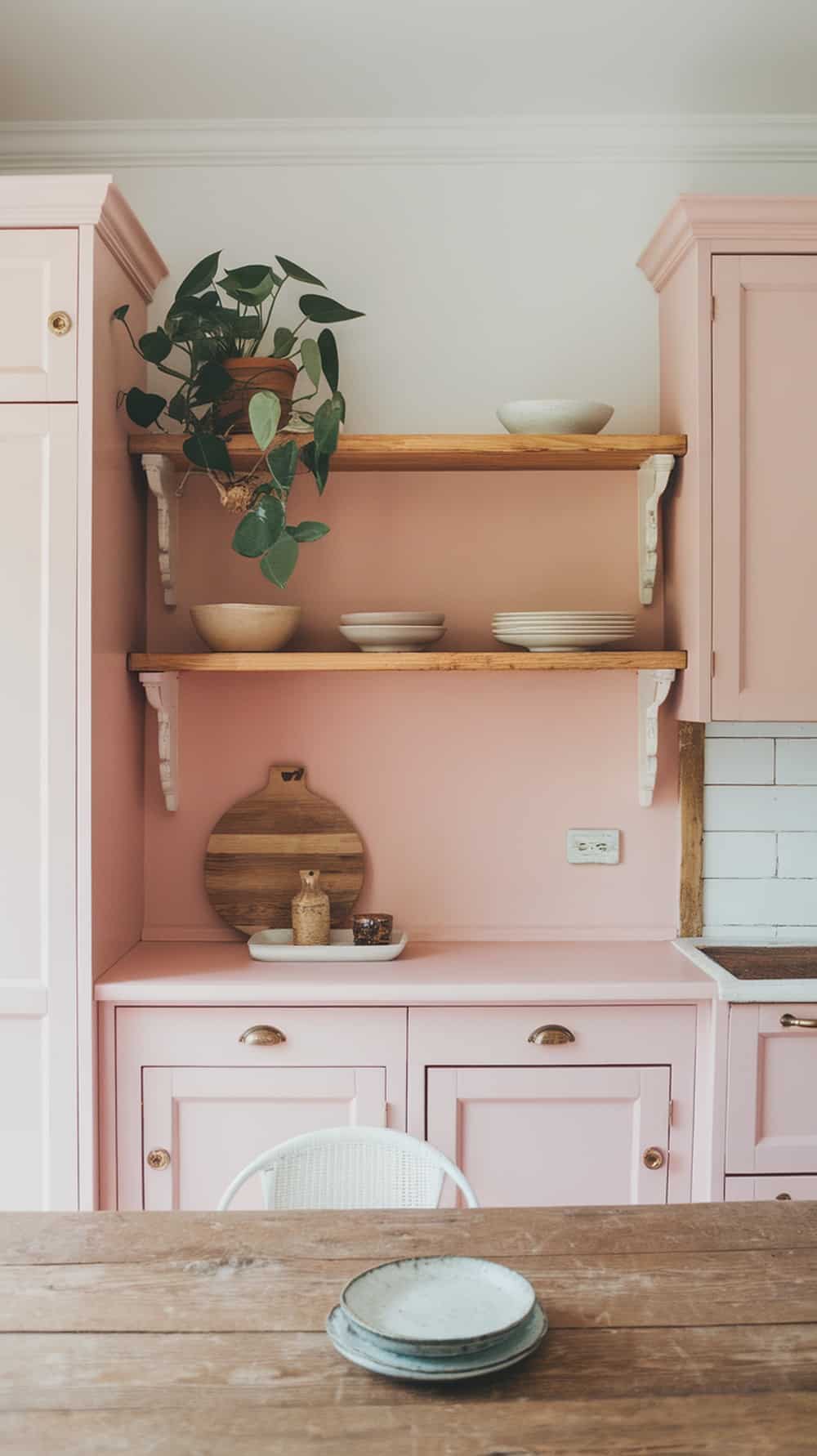 A kitchen featuring blush pink cabinets and natural wood shelves with plants and dishes.