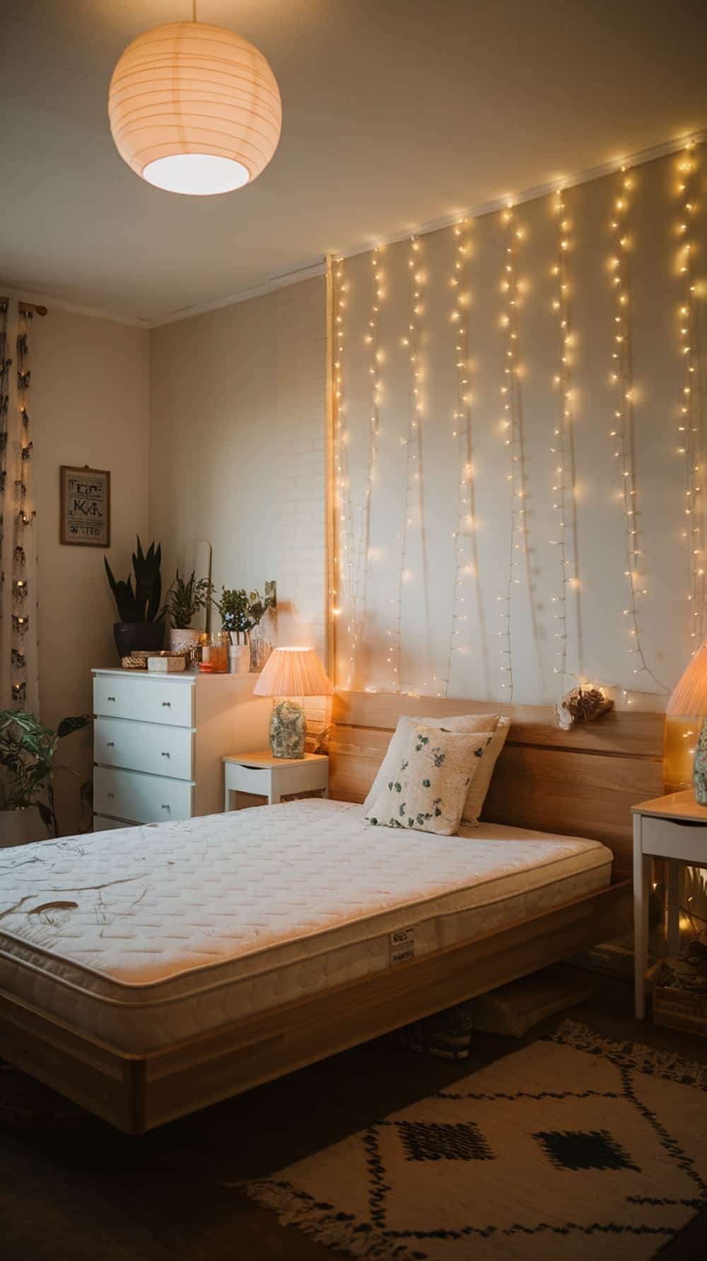 A cozy bedroom with warm lighting, featuring a pendant light and fairy lights on the wall, creating a relaxing atmosphere.