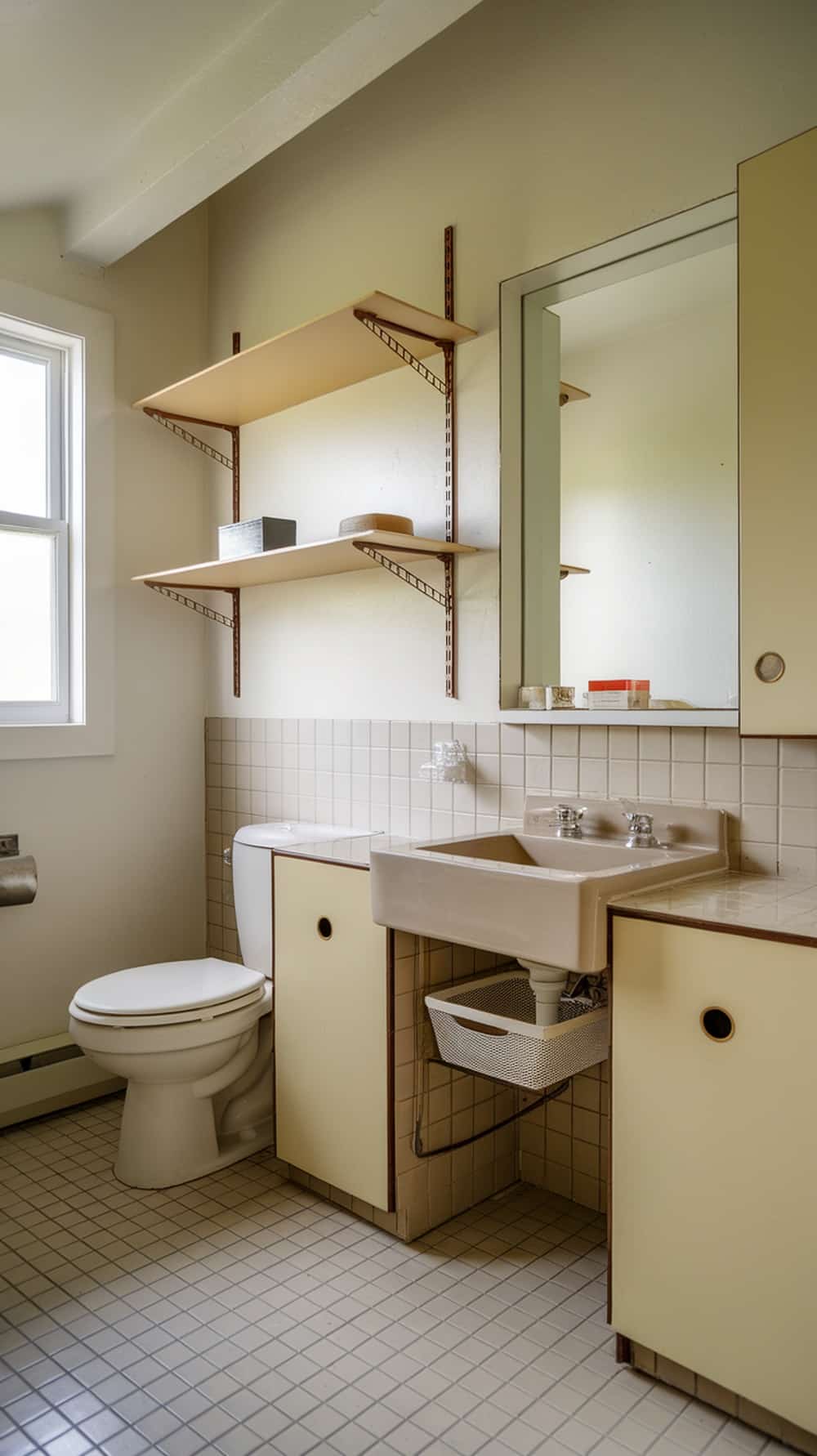 Mid-century modern bathroom with open shelving and cabinetry